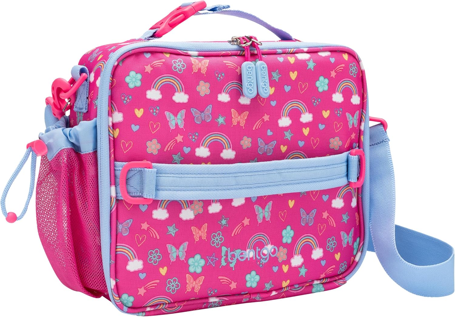 Bentgo Kids Lunch Bag – Double-Insulated, Reusable Lunch Bag for Kids 3+ with Adjustable Strap; Holds Lunch Box/Water Bottle/Snacks; Easy-Clean, Water-Resistant & Pockets (Rainbows & Butterflies)