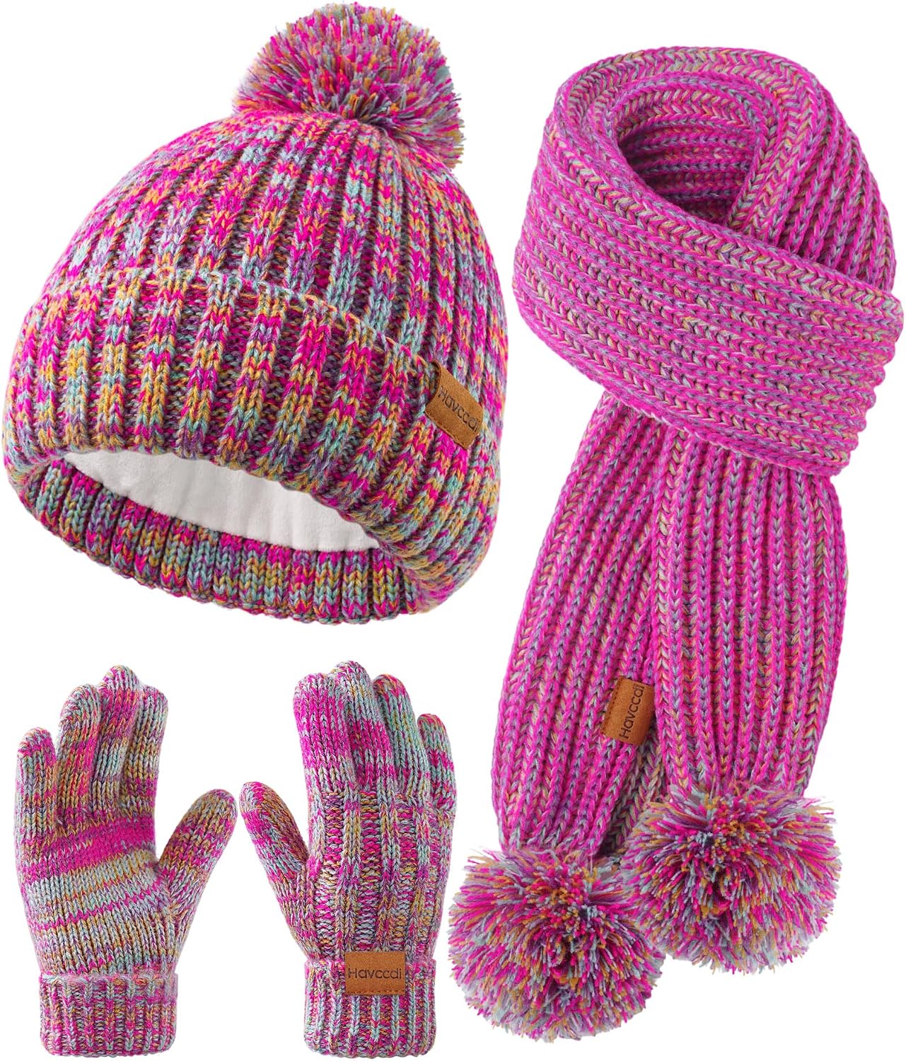 Kids Winter Hat Scarf Gloves Set – Girls Boys Fleece Lined Beanie Hat with Pom Knit Scarf Warm Mittens for Children