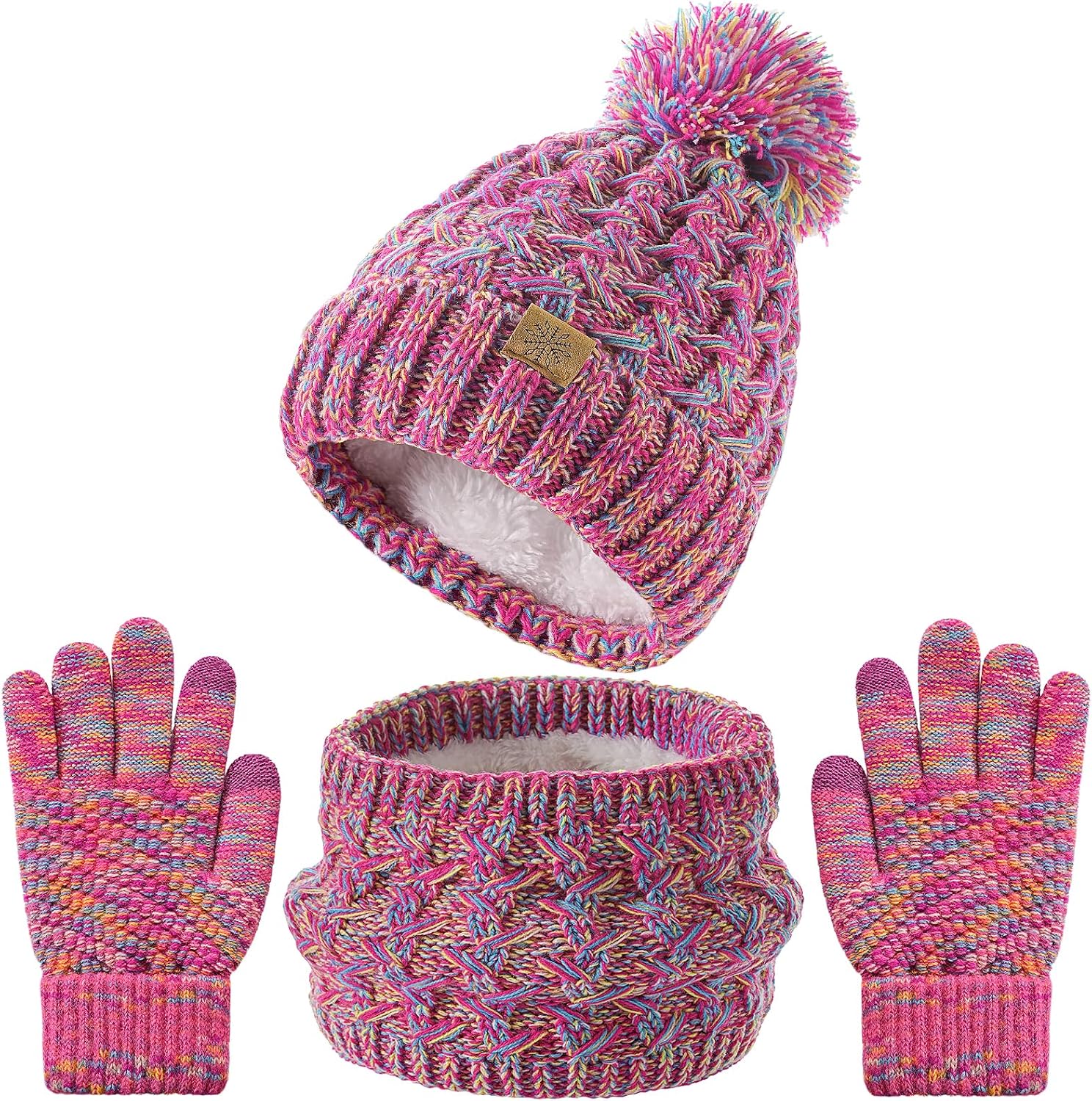 Tavaleu Kids Winter Beanie Hat Scart Gloves Set，Girls Fleece Lined Knitted Pom Hat Neck Warmer Knit Gloves for Children