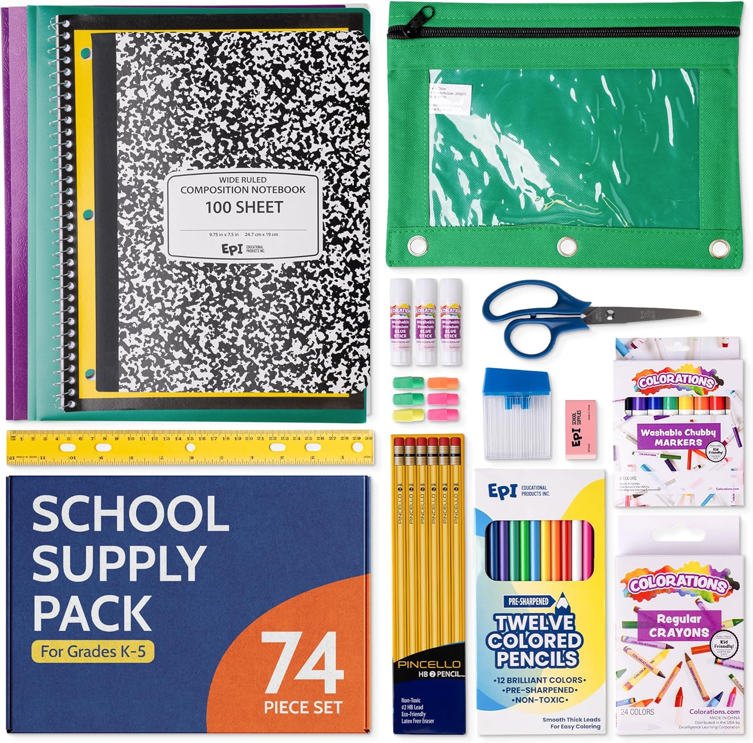 EPI Essentials Back to School Supplies for Kids – 74 Items in Kit – Kindergarten to 5th Grade School Supply Packs – Wide-Ruled Bundle with Composition Notebooks – Suitable for Homeschooling