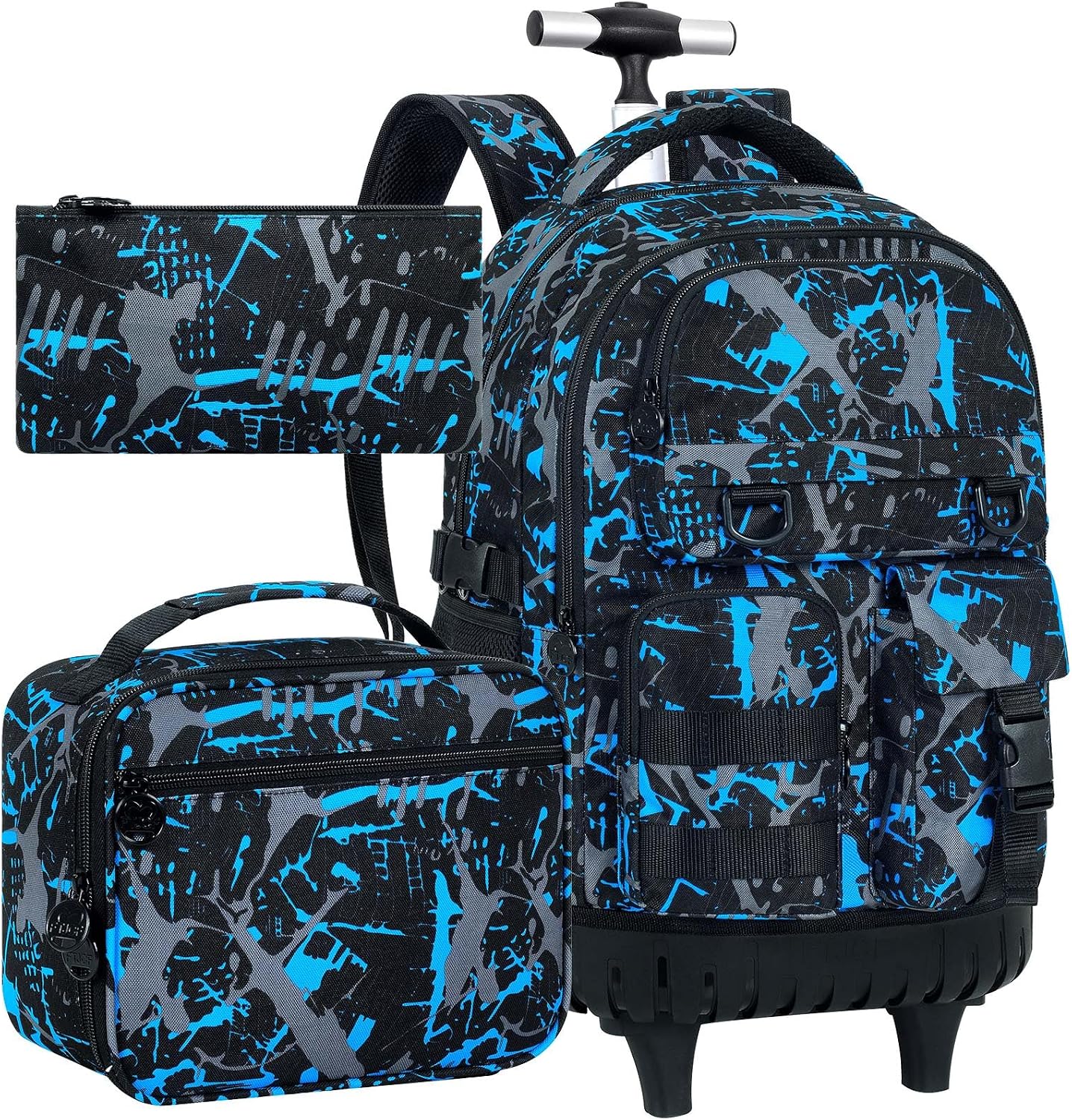 WZLVO 3PCS Wheeled Backpack, Water Resistance Rolling Bookbag for Boys, Roller School Bag Set with Lunch Box & Pencil Bag for Teens & Kids – Spray Blue
