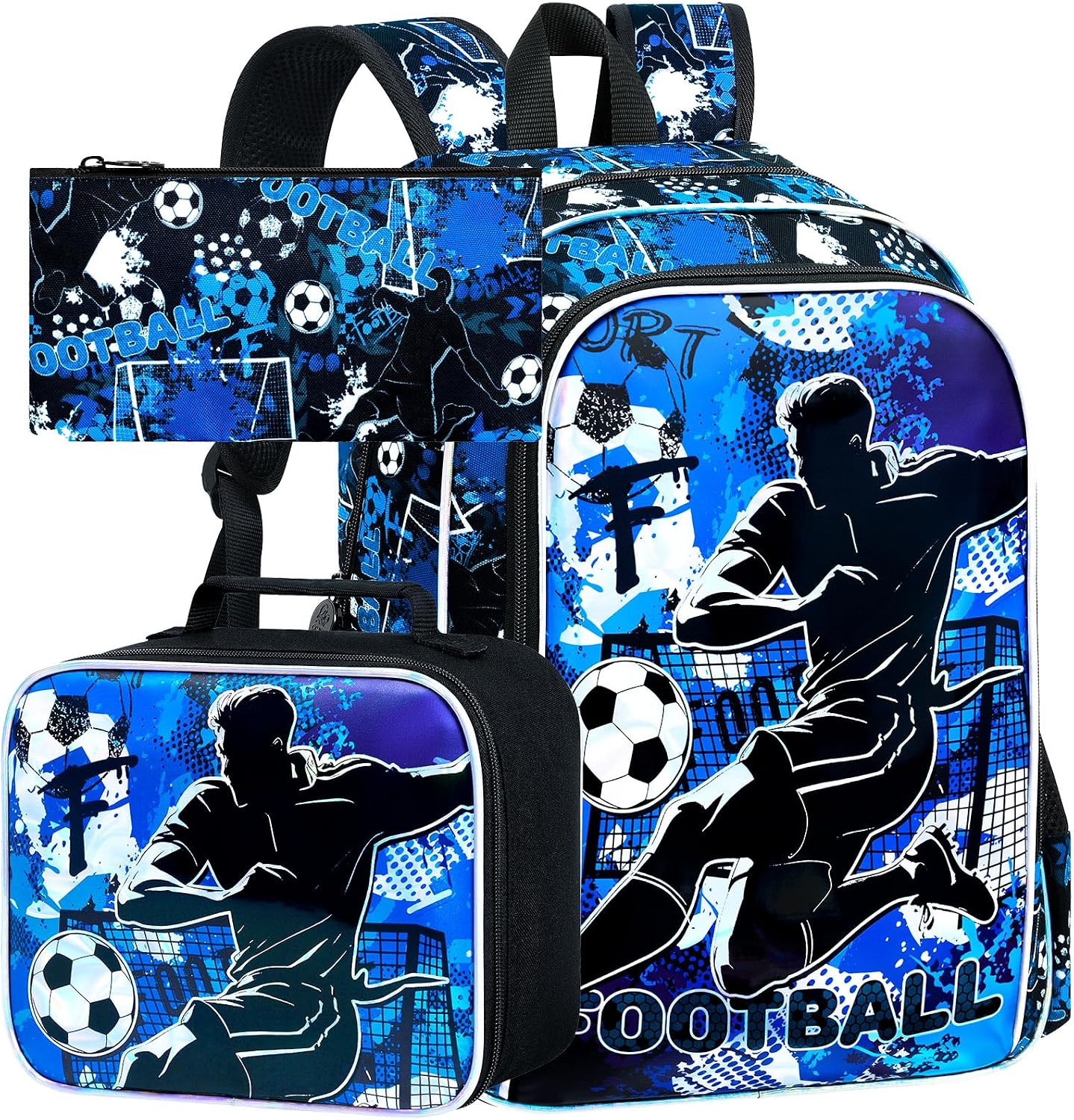 WZLVO 3PCS Soccer Backpack for Boys, 17″ Cool UV Printing Kids Bookbag/School Bag with Lunch Box & Pencil Bag for Elementary to Middle – Dynamic Soccer Kick