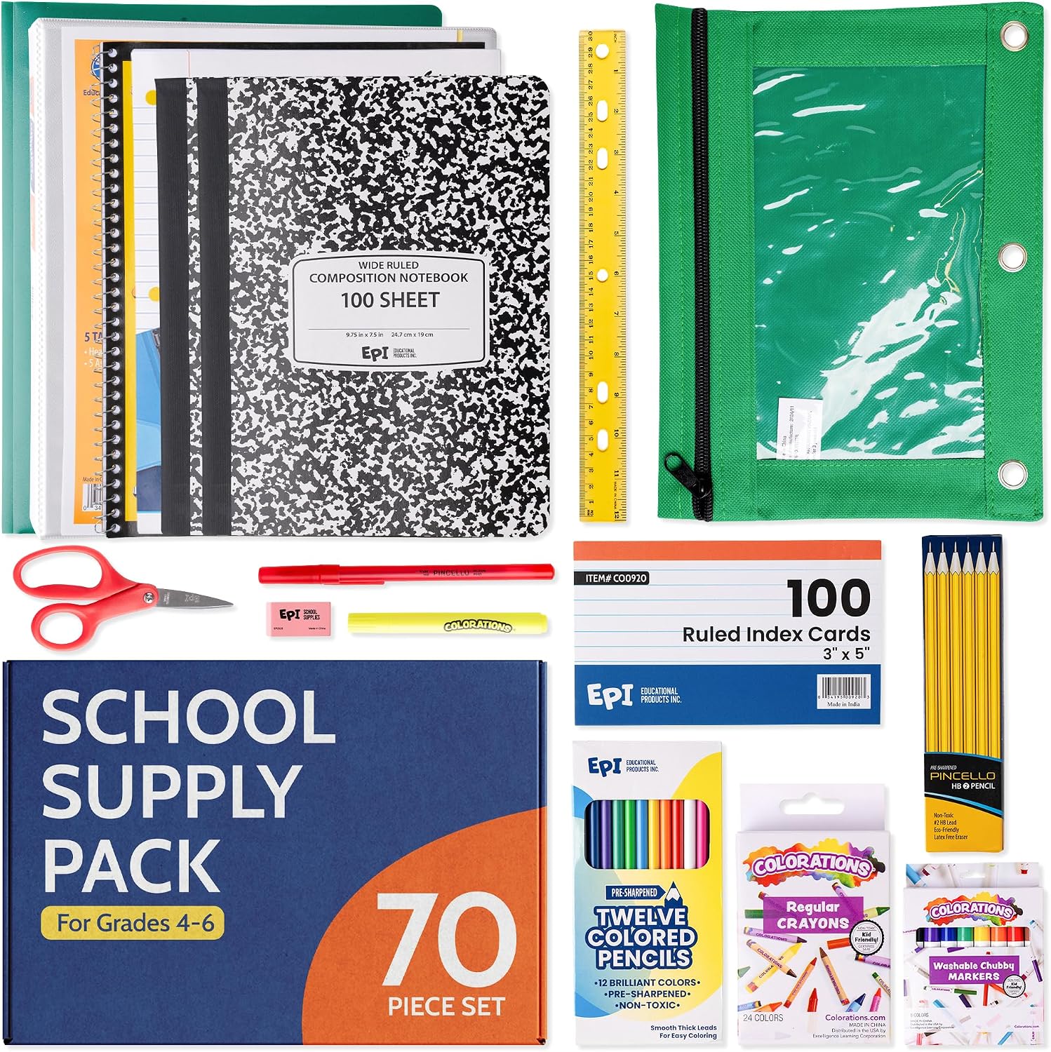 EPI Essentials Back to School Supplies for Kids 4th – 6th Grade – 70 Items in Kit – Elementary School Supply Packs – Wide-Ruled Bundle with Composition Notebooks – Suitable for Homeschooling