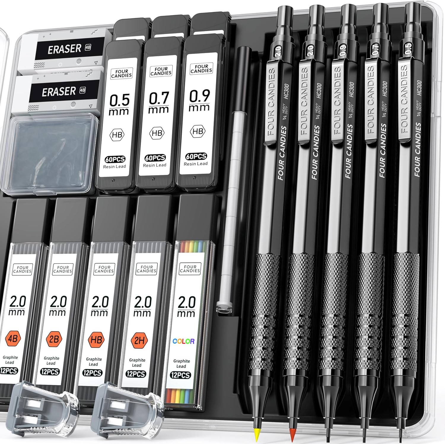 Four Candies Metal Mechanical Pencil Set, 3PCS Art Drafting Pencils 0.5, 0.7, 0.9MM & 2PCS 2MM Mechanical Drawing Pencils with 420PCS Leads (4B 2B HB 2H Color) for Writing Sketching Drawing (Black)