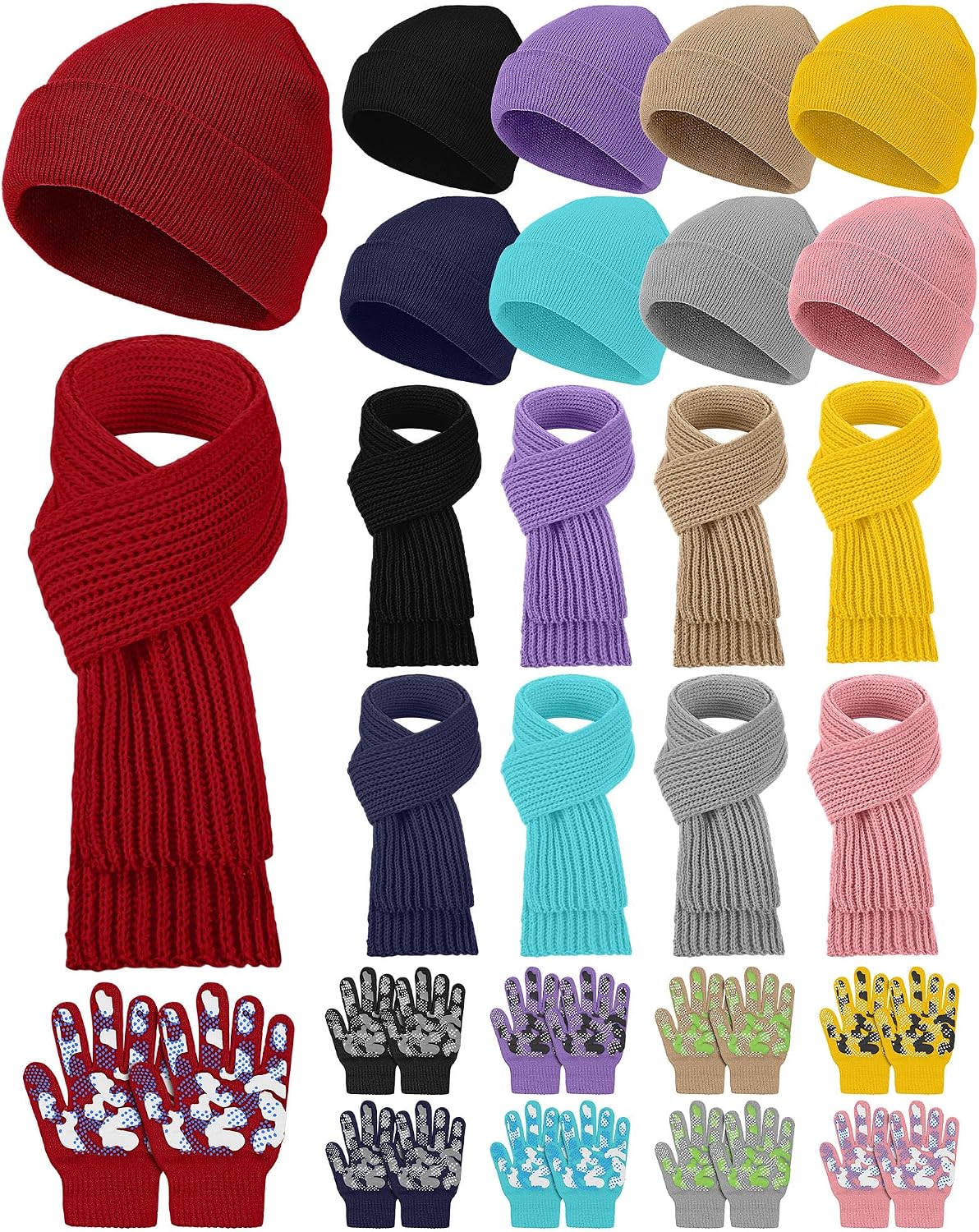 JaGely Kids Hat Gloves Scarf Winter Set, Warm Knitted Beanie Caps Scarves Gloves Bulk for Boys Girls Donation Cold Weather