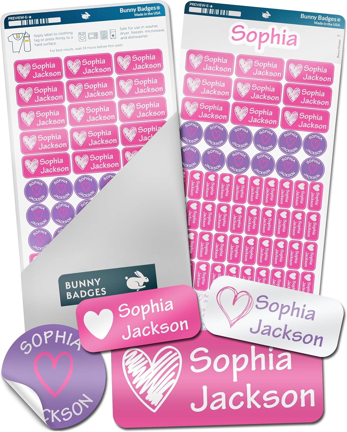 Bunny Badges Personalized Daycare Name Labels for Kids (130 Labels) – Custom Waterproof Name Stickers for Clothing Tags, Water Bottles, Lunch Boxes and School Supplies (Hearts)