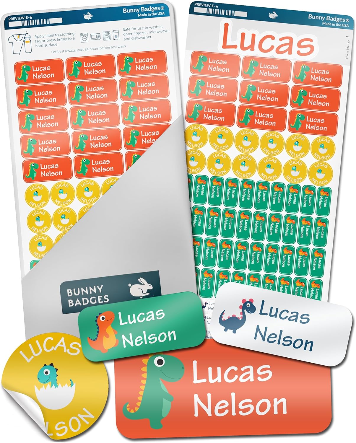 Bunny Badges Personalized Daycare Name Labels for Kids (130 Labels) – Custom Waterproof Name Stickers for Clothing Tags, Water Bottles, Lunch Boxes and School Supplies (Dinosaurs)