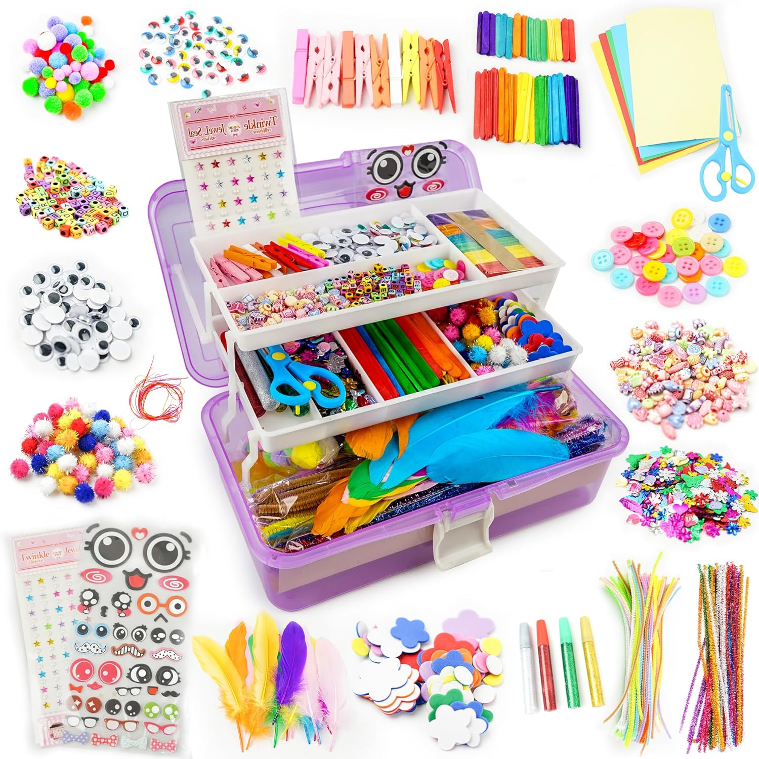 SMILESSKIDDO Arts Craft Supplies for Kids – 1000+ PCS Toddler DIY Craft Art Supply Set, Portable 3 Layered Folding Storage Box School Craft Projects – Gifts for Girls Crafts for Girls Ages 4-8 8-12
