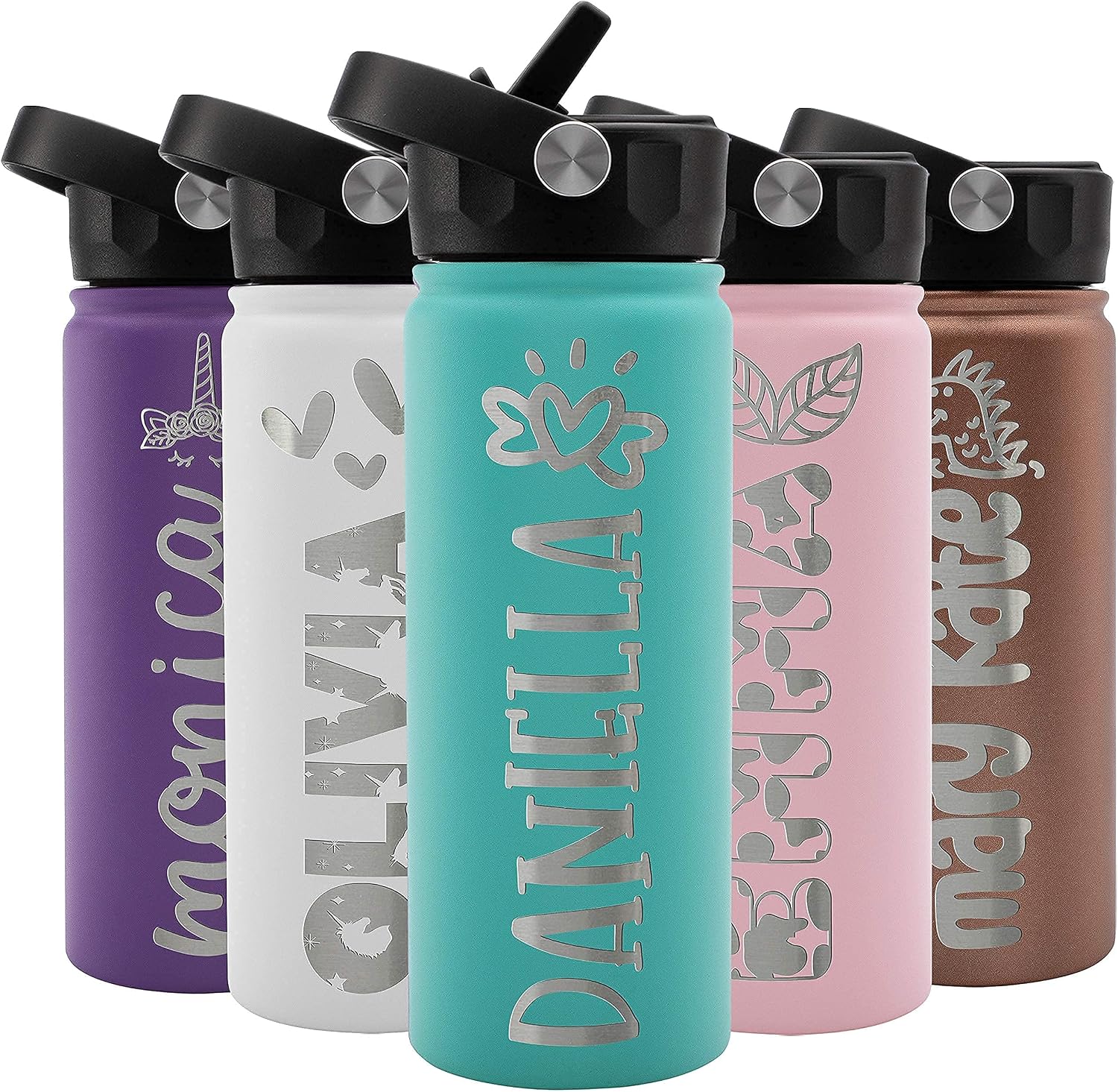 Personalized Custom Water Bottle For Kids, Toddler & Children w NAME & 36 ICON FREE ENGRAVING! | 18 oz – 9 Color | BPA Free – Double Wall Insulated