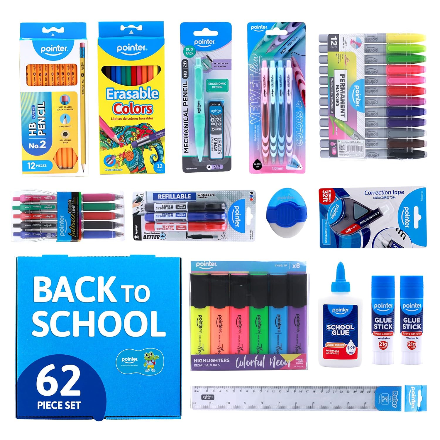 Pointer School Supplies Bundle Kit – A Back to Learning Set Student Value Pack Essentials for Classroom, Writing, Drawing, Crafting, Study Materials Kids, Teens, Home Use Academic Essentials – 62 Pcs