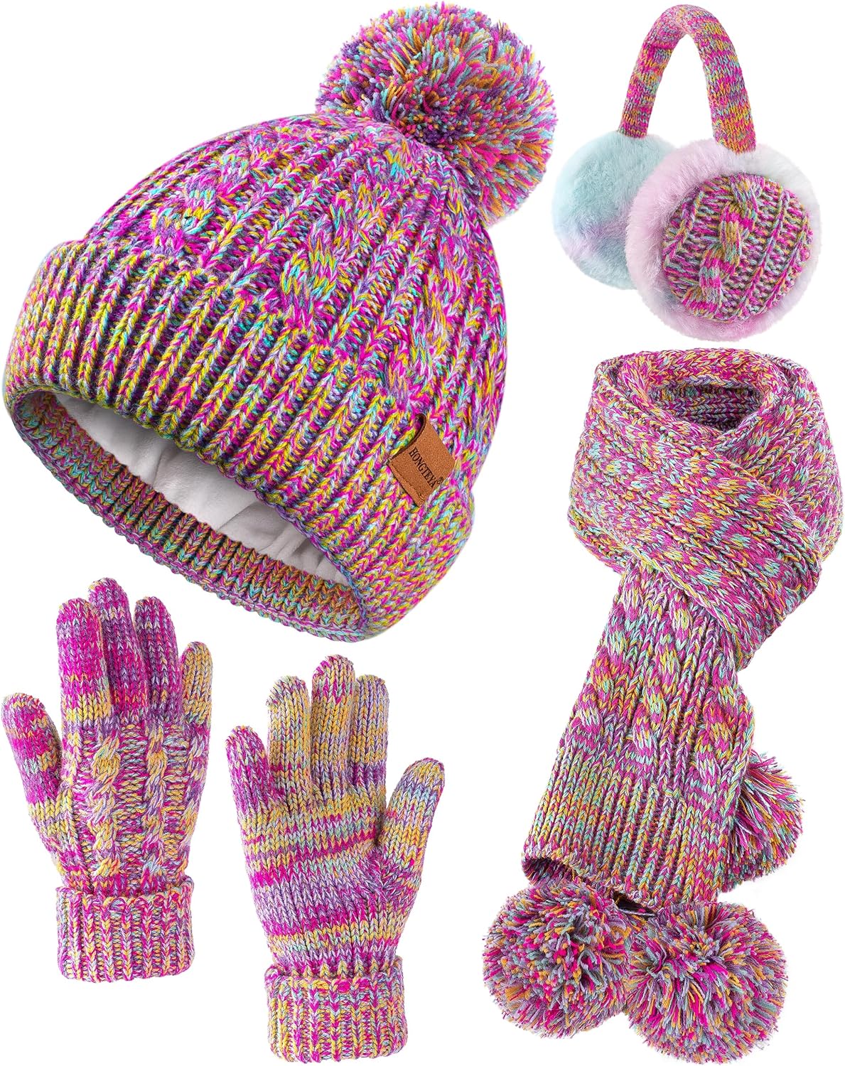 HONGTEYA 4 Pcs Kids Winter Hat Gloves Scarf Set, Thicken Warm Earmuff Neck Warmer Set for Boys Girls 3-15