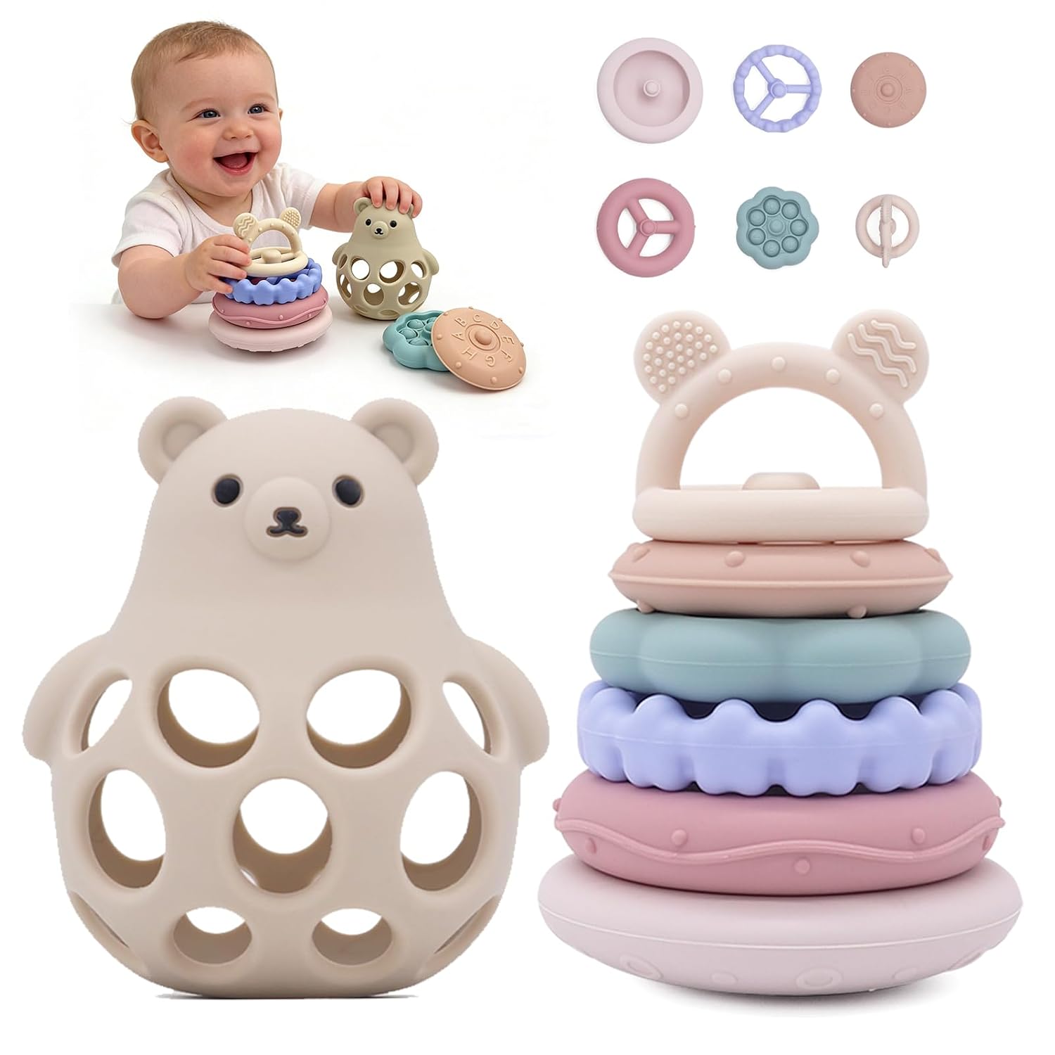Baby High Chair Toys Teething Chew – Baby Table Toys, Silicone Teething Toys, Food Grade Silicon Stacking Toy, Soft Bear Shape Teether & Stacker Rings Learning Toy for 6 12 18 Months (Beige)