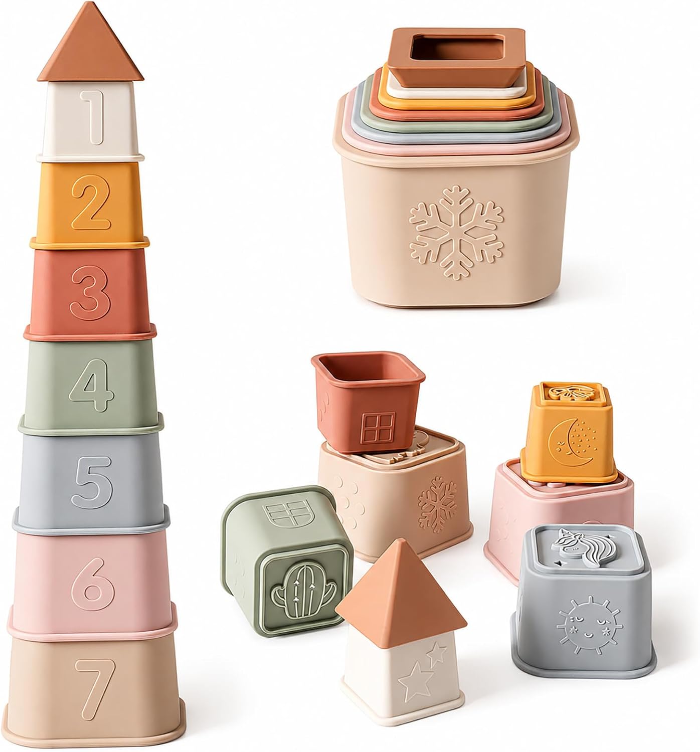 Baby Stacking Cups Toy, Silicone Stacking Tower Educational Baby Toys 6M+, Soft Teething Building Blocks 8 Pcs, BPA Free Sensory Infant Toy, Bath & Beach Toys, Vintage Neutral Colors-Gentle