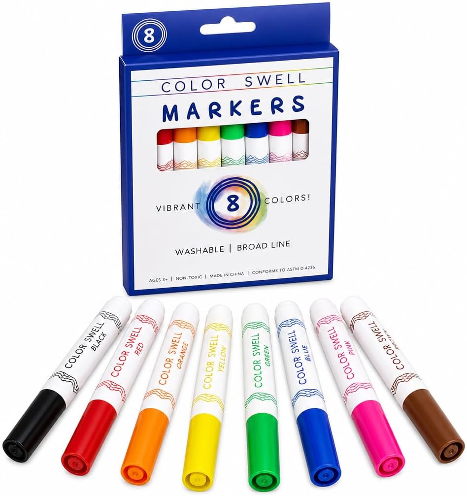 Color Swell 8-Pack Broad Line Markers – Washable, Non-Toxic, Ideal for Kids, Students, Adults, and Classroom Activities