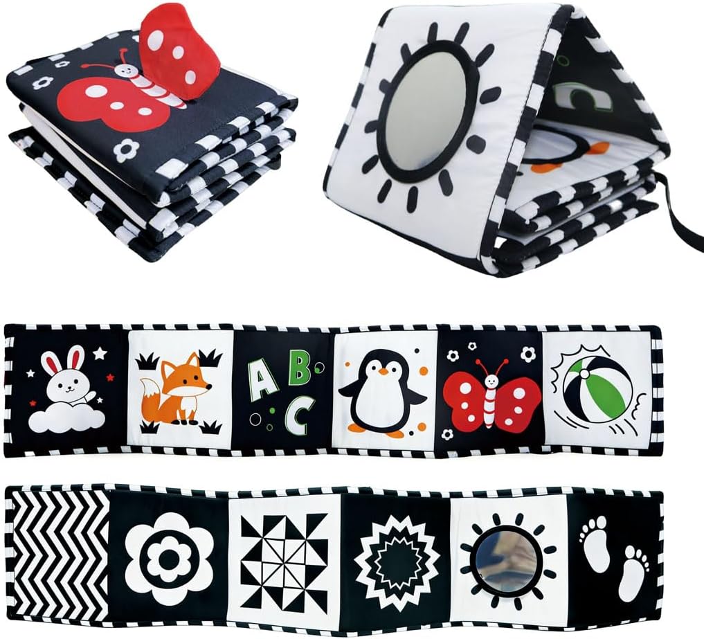 Aila+Aiden Baby Toys, Tummy Time High Contrast Newborn Toys 0-3 Months, Soft Cloth Foldable Baby Book, Visual Stimulation Montessori Sensory Infant Baby Book (Black White and Colorful)