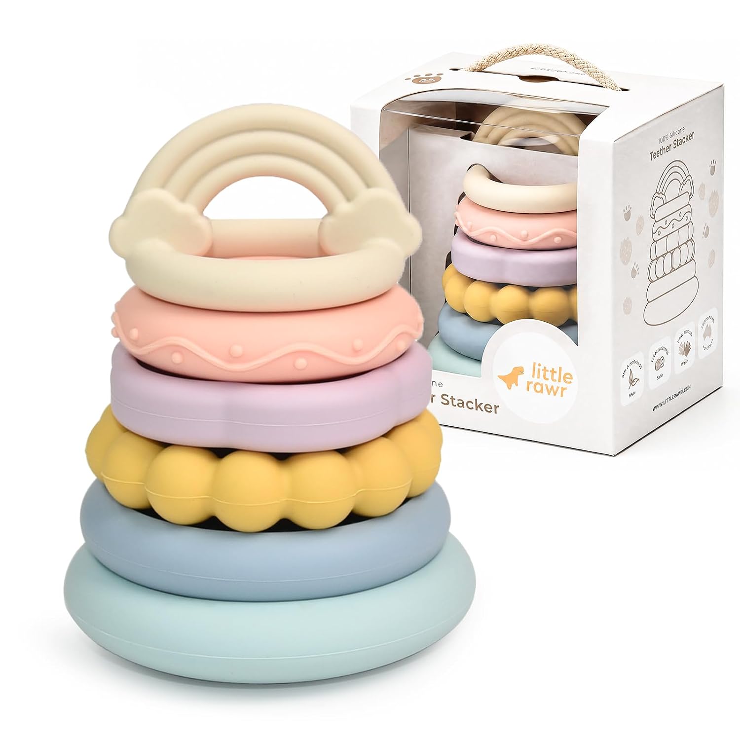 LITTLE RAWR 2-IN-1 Baby Stacking Rings & Teething Toys, Food Grade Silicone Montessori Stacking Toy for Babies 6-12 Months, Sensory Learning & Fine Motor Skills Toy, Baby Gift for Boys Girls (Rainbow)