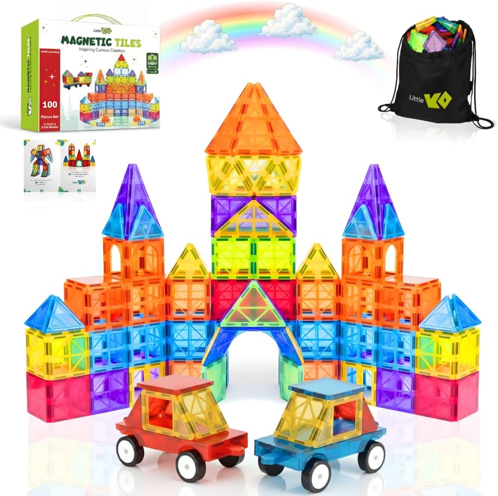 Magnetic Tiles 100 pcs with 2 Cars, STEM Building Blocks for Kids, Educational Gift, Magnet Construction Toys for Toddlers, School Teacher Supplies, Classroom Must-Haves