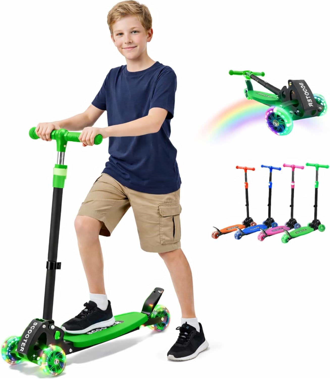Kick Scooter for Kids Ages 6-12, Stable 3 Wheel Kids Scooter with LED Light-Up Wheels, 3 Adjustable Heights, Lean-to-Steer, Foldable, 6″ Extra Wide Deck for Boys and Girls Gifts