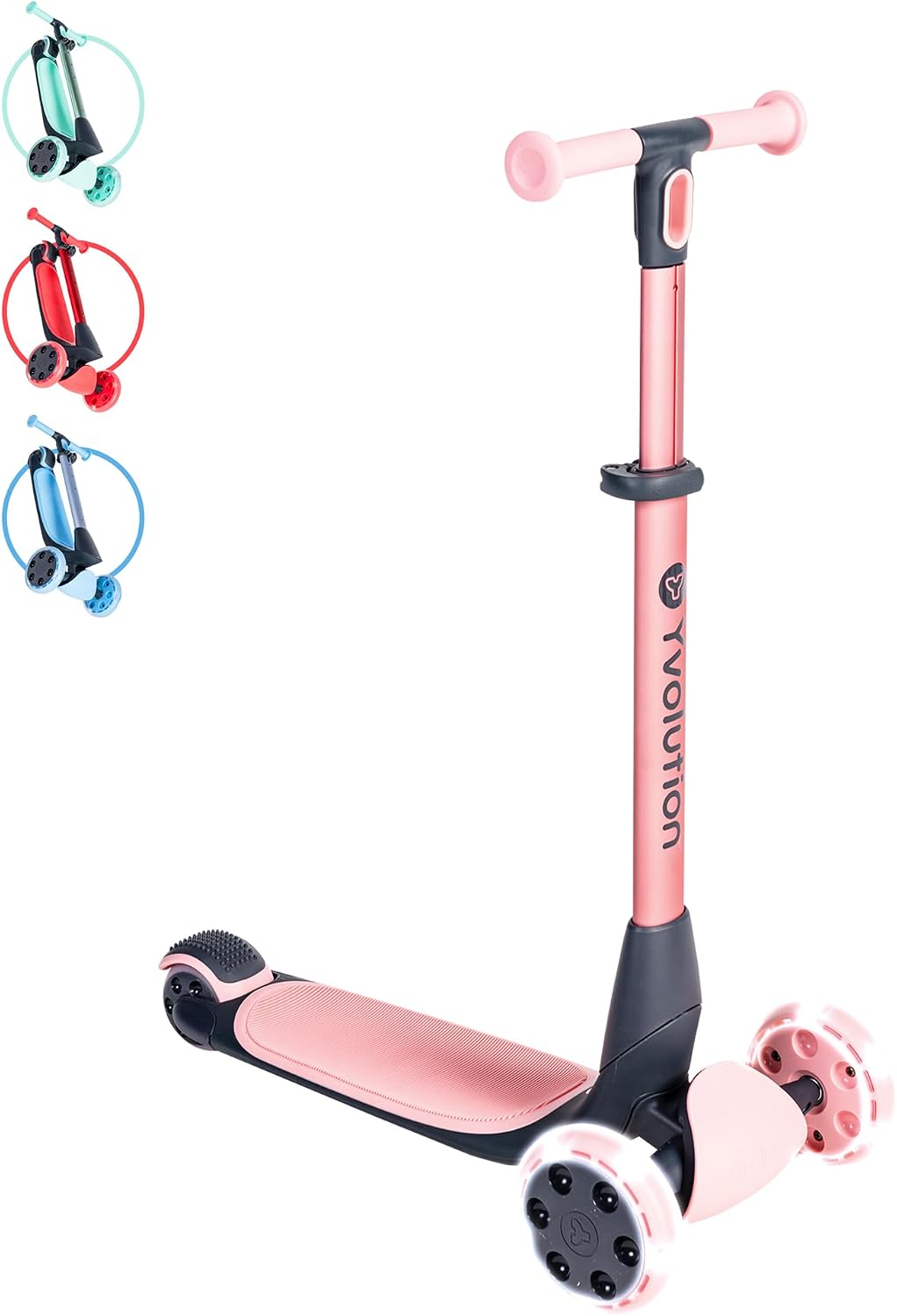 Yvolution Y Glider Nua 3-Wheel Kids Scooter – Adjustable Height, Arc-Folding Handlebar, LED Light-Up Front Wheels, Extra-Wide Deck, Ages 3-10