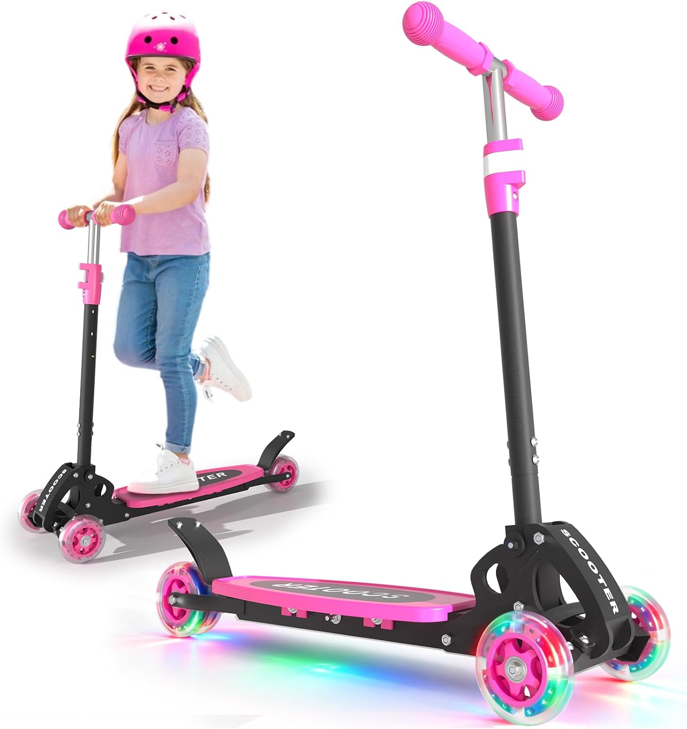 Scooter for Kids Ages 3-5, LED Light Up 3 Wheel Toddler Scooter with 4 Adjustable Heights, Lean-to-Steer Wheels, Safe Metal Brake, Foldable Kick Scooter for Boys Girls, Support 120 lbs, Birthday Gift