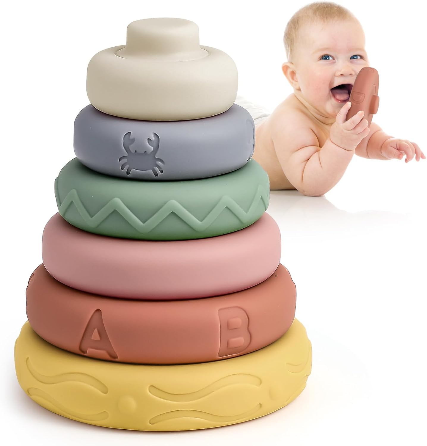 Mini Tudou 6 Pcs Stacking & Nesting Circle Toy 4.7″,Soft Building Rings Stacker & Teethers,Squeeze Play with Early Educational Learning Stacking Tower, Toy for 6+ Months Boys&Girls