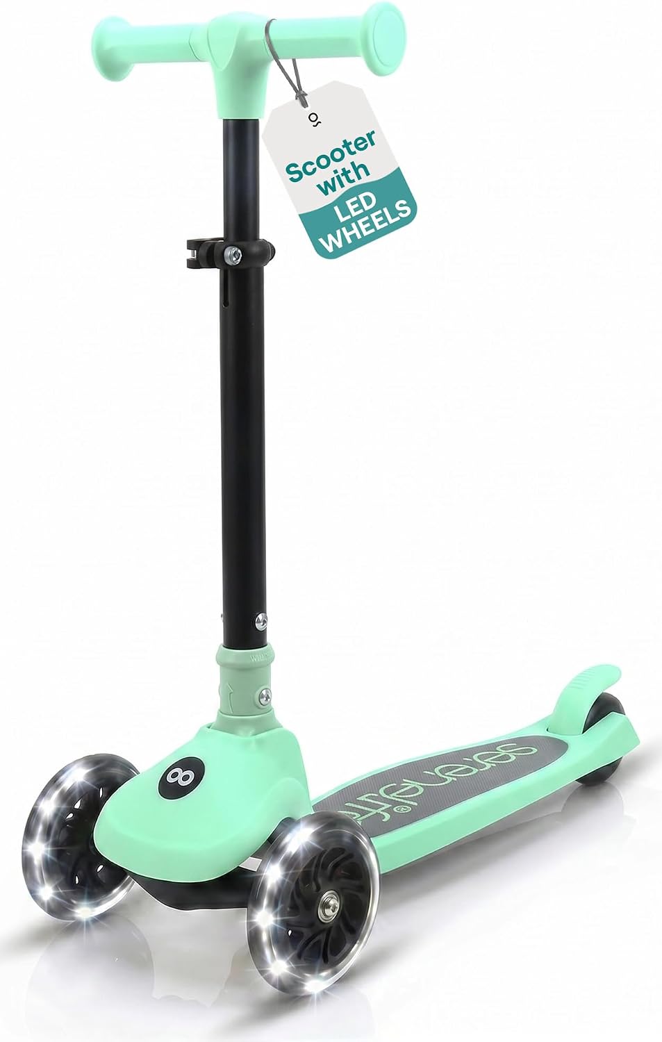 SereneLife Toddler Scooter, Adjustable Micro Scooter for Ages 2-5, Lightweight Kids 3 Wheel Design with LED Light-Up Wheels, Anti-Slip Deck & Lean-to-Steer Control, Indoor/Outdoor Use (Mint Green)