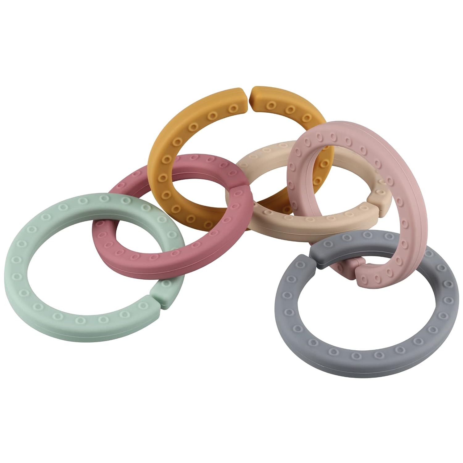 Baby Linkable Rings Set and Silicone Baby Teethers – Attach to Strollers, Car Seats & More – Food Grade Silicone, BPA & Phthalate Free (Set of 6)