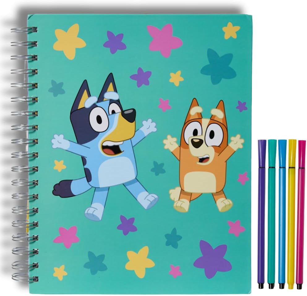 Bluey Sketchbook for Kids with Washable Markers, 86 Blank Pages Spiral Bound, Turquoise