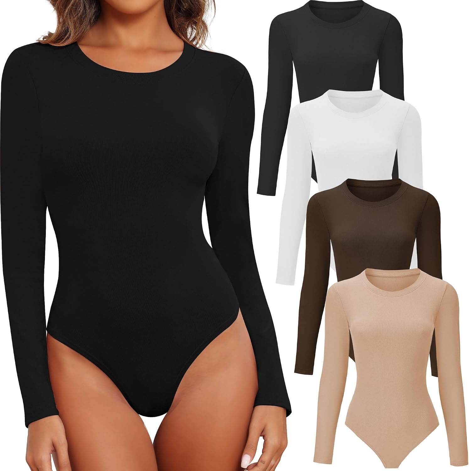 BALENNZ Long Sleeve Bodysuits for Women Round Neck Body Suits Womens | Crew Neck, Fall, Autumn, Spring, Multi-Pack Basic Bodysuit, Soft Stretchy Fabric, Work Travel Casual Daily Wear