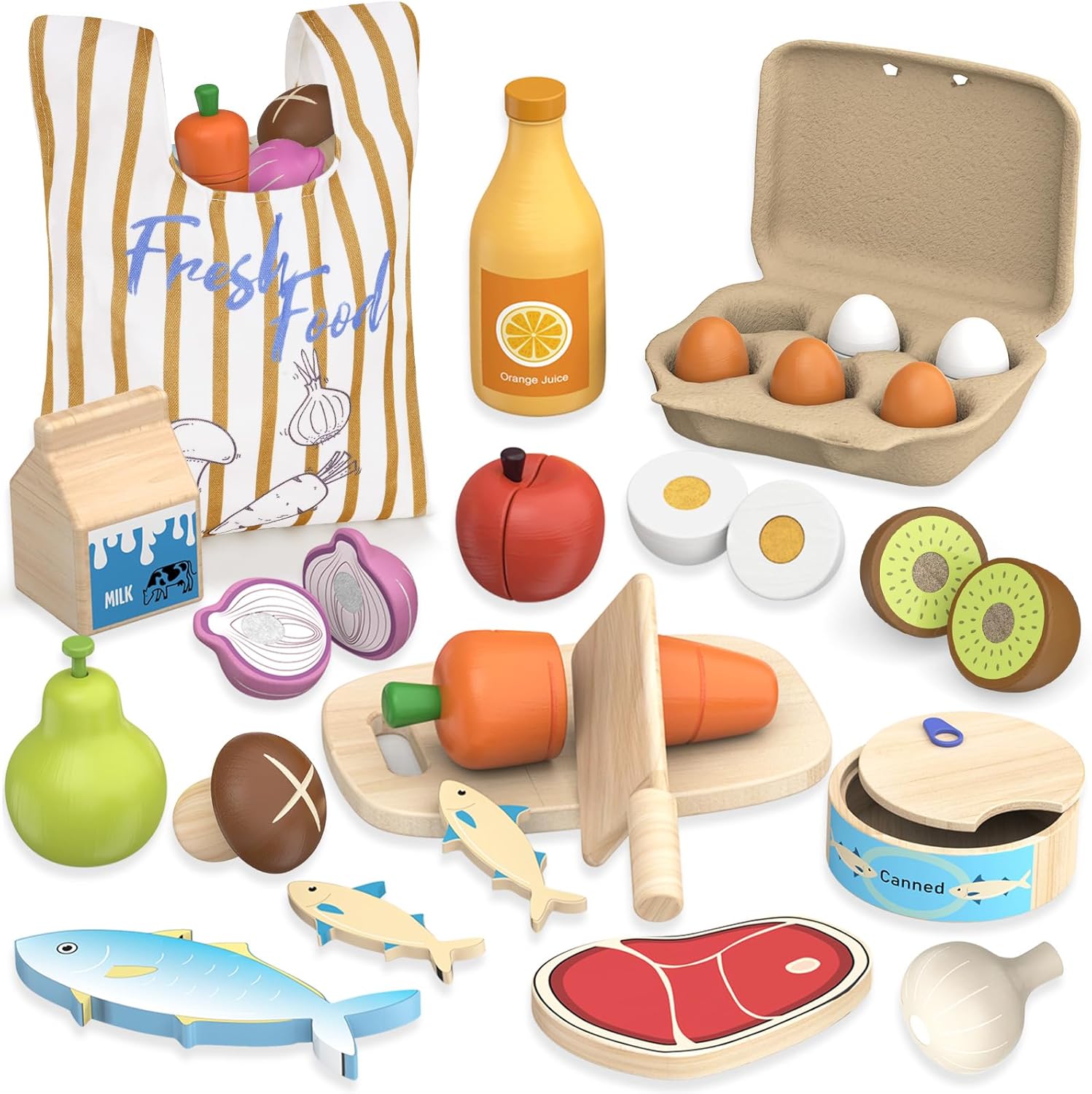 Wooden Play Food Toys for Kids – Pretend Play Kitchen Accessories Toy Set | Cutting Fruits Vegetables Toys Gift for Boys Girls Toddlers Ages Over 3 Years Old