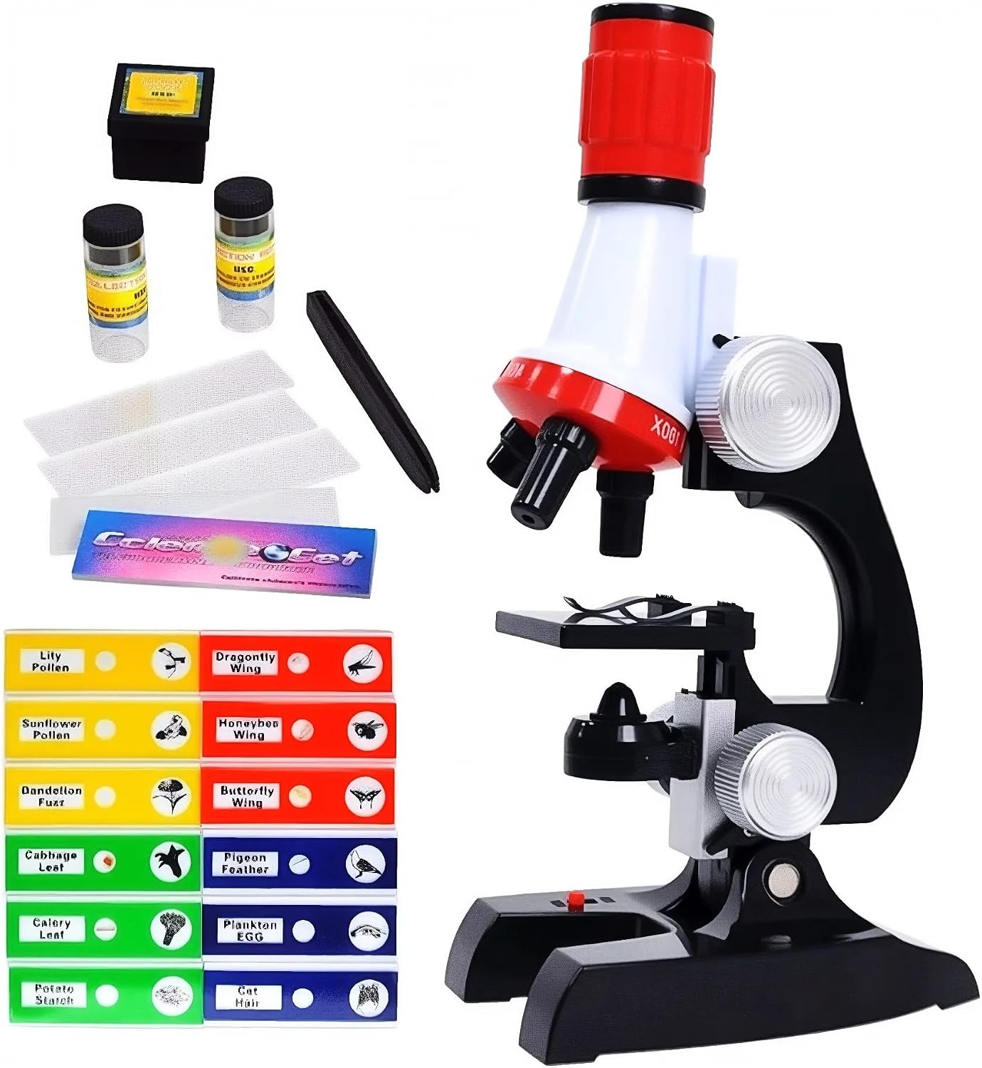 Kids Microscope Kit with LED Light – 100X/400X/1200X Magnification for STEM Learning, 12 Prepared Slides, Easy-to-Use Science Learning Kit (Ages 5-12)