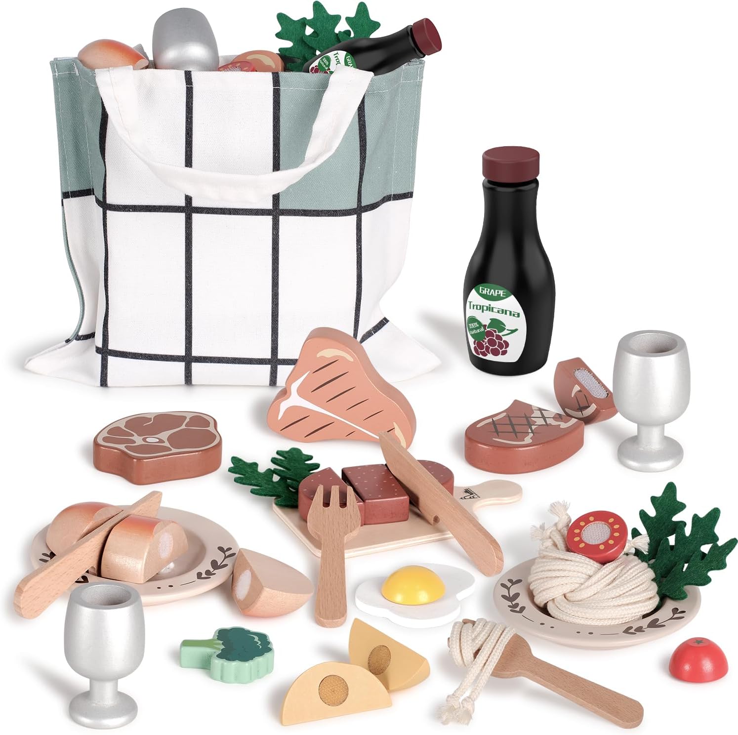 Wooden Play Kitchen Food Set, Kids Kitchen Accessories, Restaurant Pretend Play with Storage Bag for Girl Boy 3-6 Years