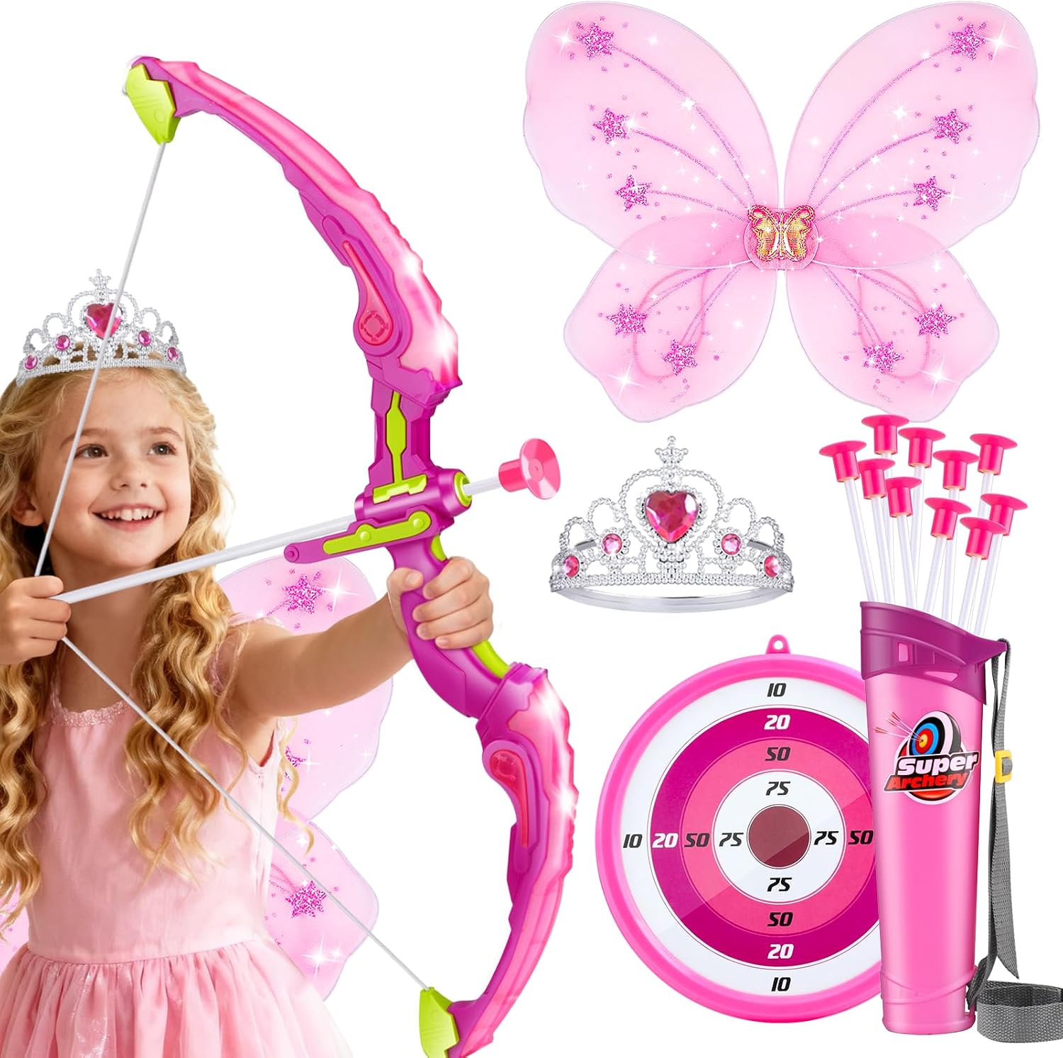 OWNONE 1 Pink Bow and Arrow Set for Girls, LED Light Up Archery Set with 10 Suction Cup Arrows, Target, Fairy Wings & Princess Crown, Birthday Gift Outdoor Toys for Kids Girls Ages 3-12