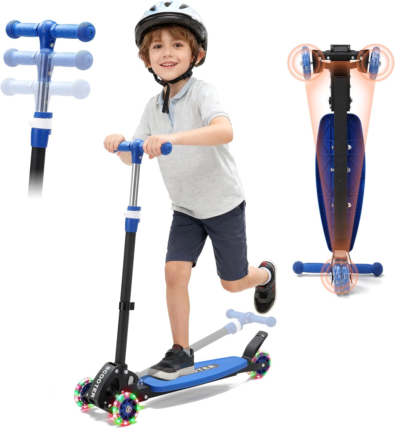 Scooters for Kids 6-8 8-12, Folding 3 Lighted Wheels Kick Scooter,3 Adjustable Height Handlebars, Lean-to-Steer,Widen Anti-Slip Deck, Heavy Duty Scooter for Boys Girls Ages 6-12,up to 170 Lbs