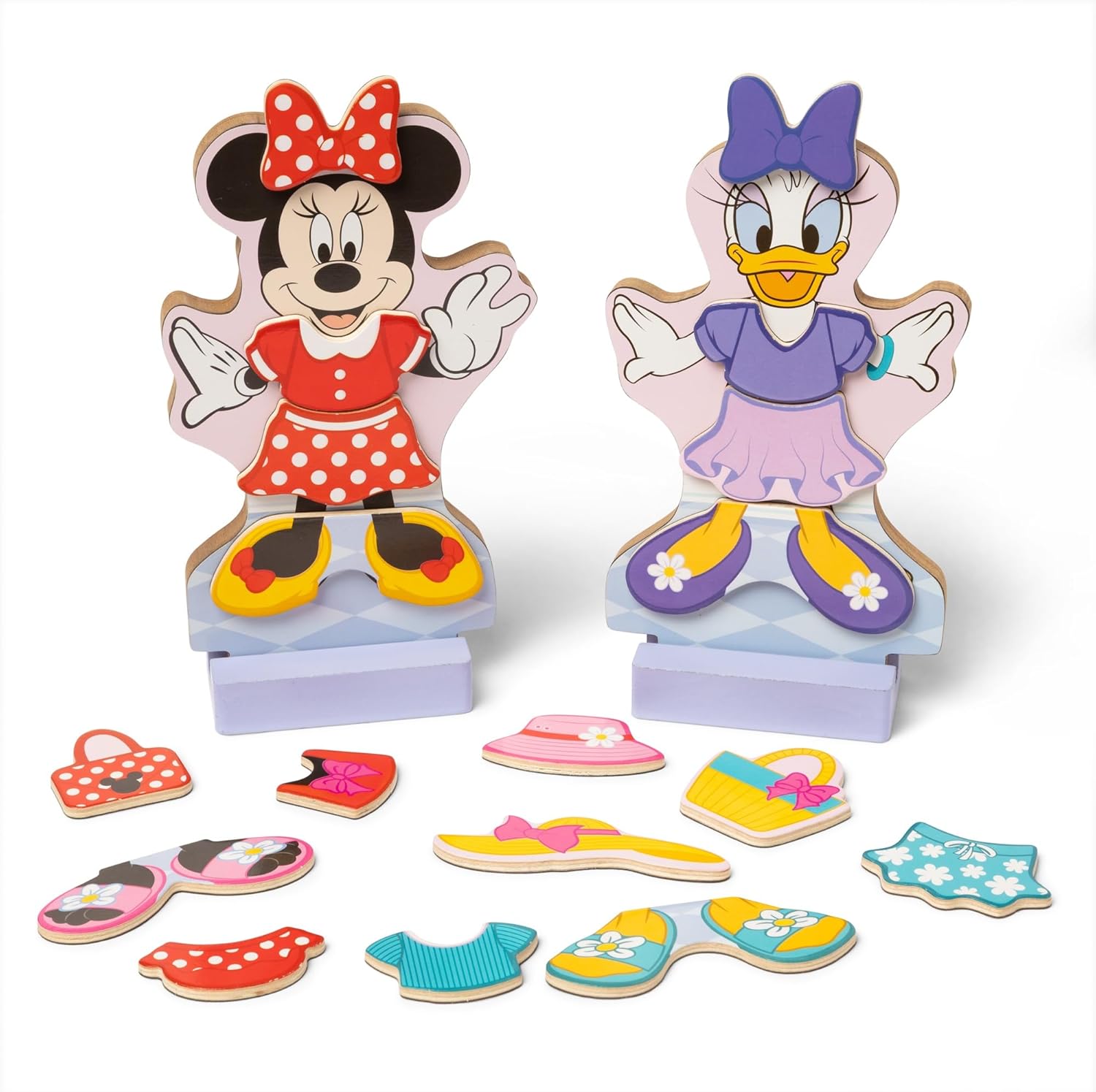 Melissa & Doug Disney Minnie Mouse and Daisy Duck Deluxe Wooden Magnetic Dress-Up; 2 Fashion Dolls with Stands for Pretend Play, 52 Pieces – FSC Certified