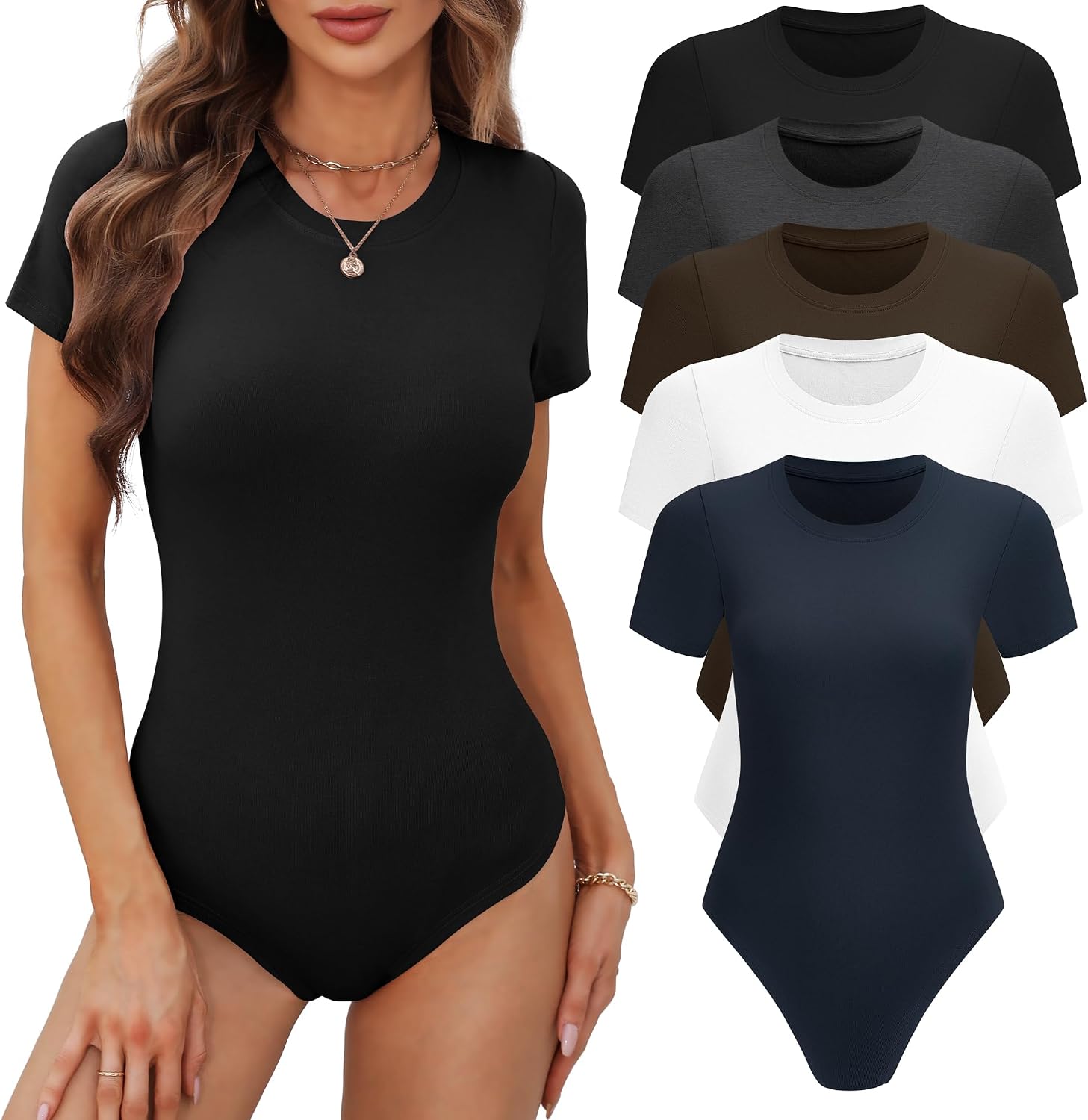 BALENNZ Women’s 4/5 Pack Short Sleeve Round Neck Bodysuit Tops Crew Neck Basic Casual Tshirt Bodysuits