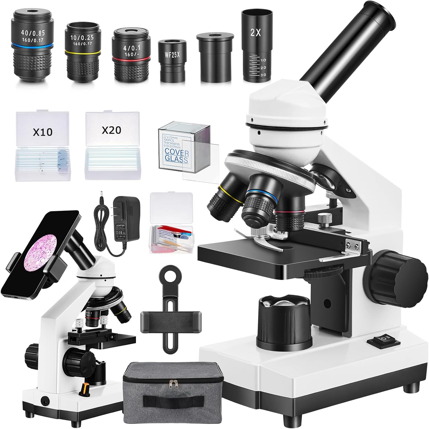 Fitense Microscope for Adults Kids,40X-2000X Monocular Microscope Kit for Home School Lab, 2 LED Lights & 5 Colors Kids Microscope with Phone Holder,10 Specimen Slides,20 Slides,100 Coverslips, Bag