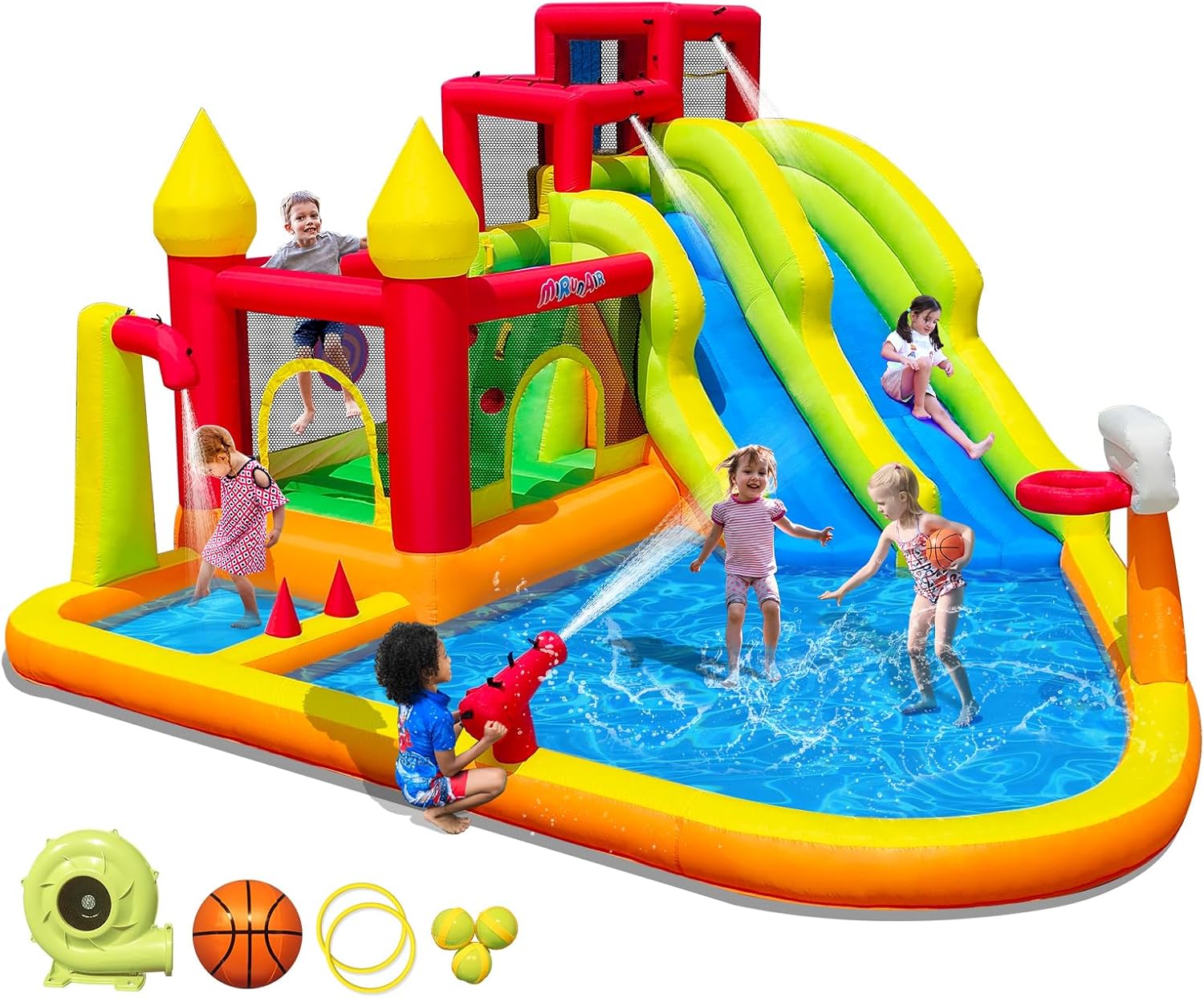 MIRUNAIR Inflatable Bounce House with Slides, Inflatable Water Slide for Kids Backyard, Bounce Water Prak with Air Blower, Splash Pool, Water Cannon, Climbing Wall, Outdoor Backyard Water Park