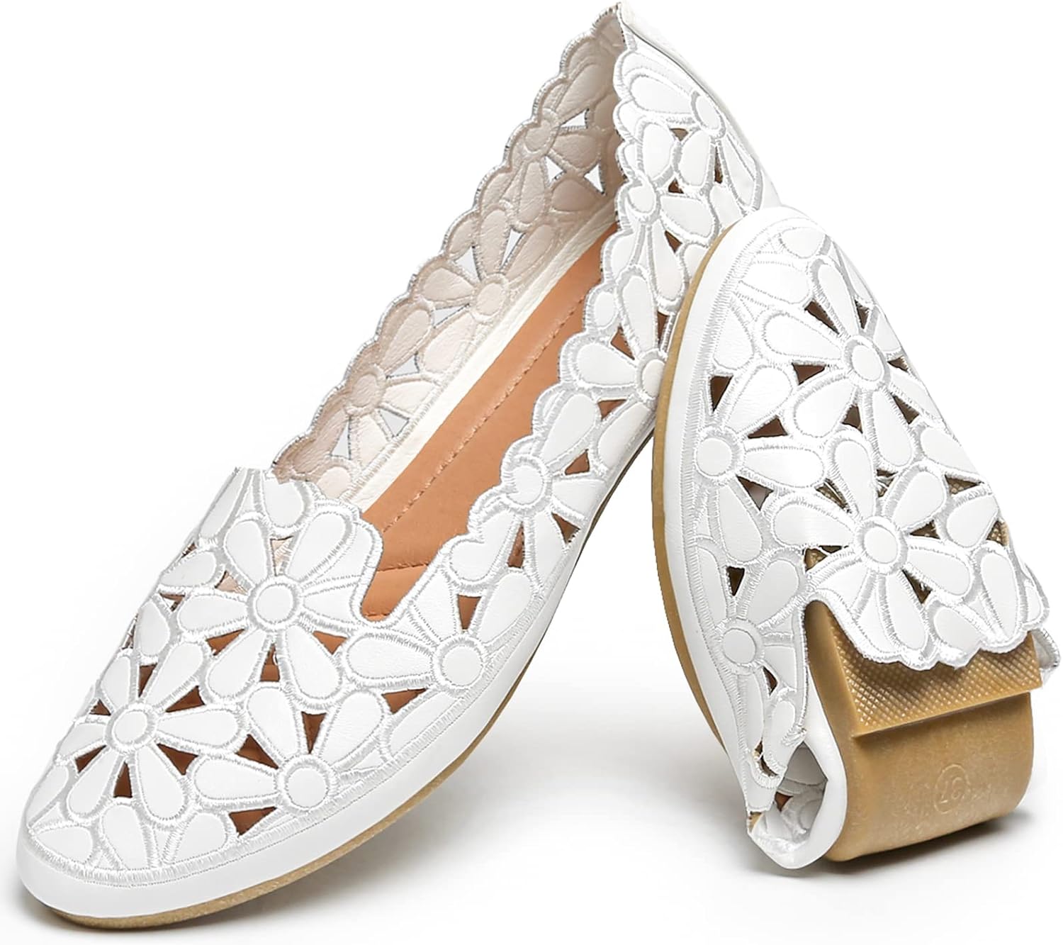 HEAWISH Women’s Floral Ballet Flats for Women Black Beige Slip On Flowers PU Leather Round Toe Dress Shoes