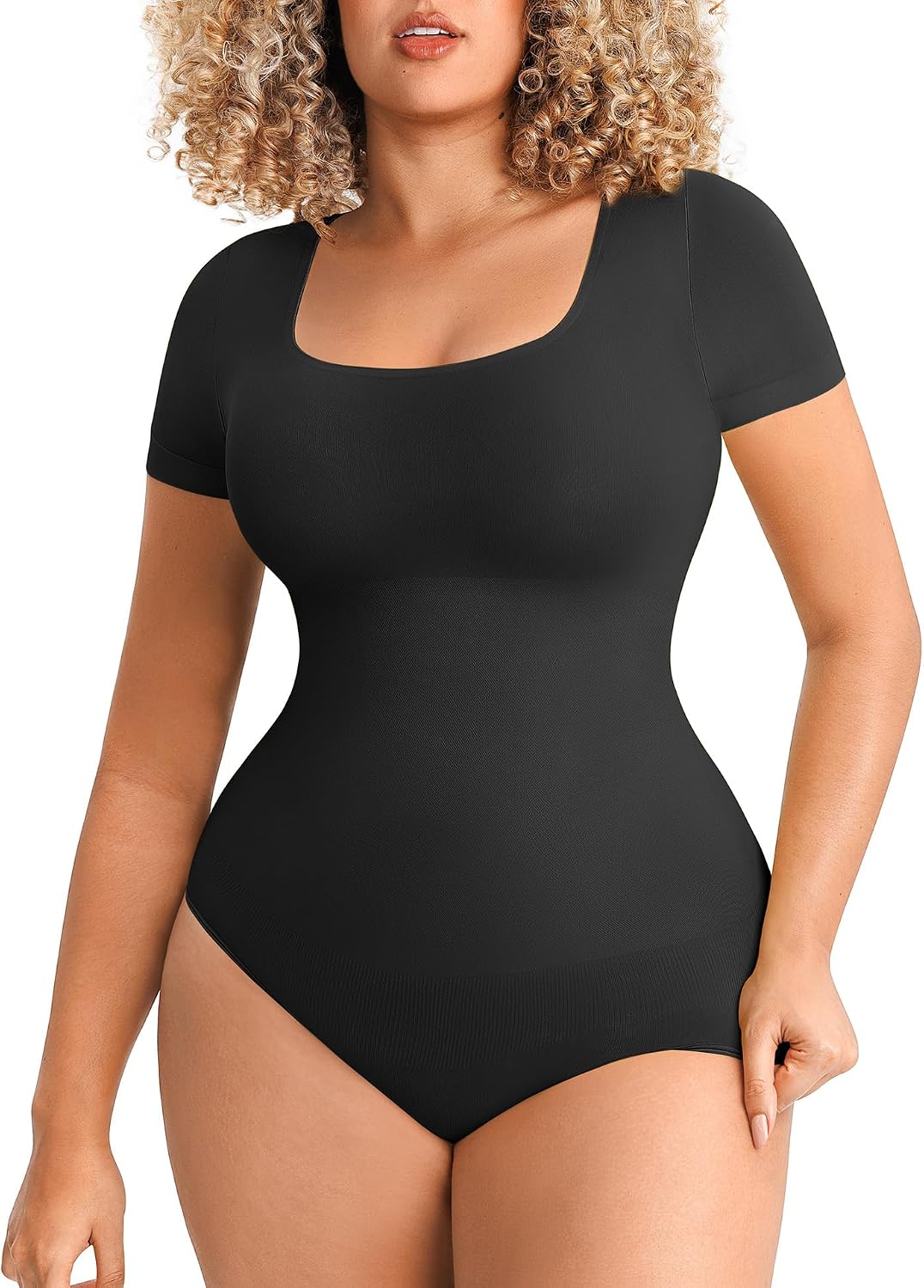 FeelinGirl Short Sleeve Bodysuit for Women Shapewear Light Compression Body Suit Seamless Square Neck Date Night Outfit