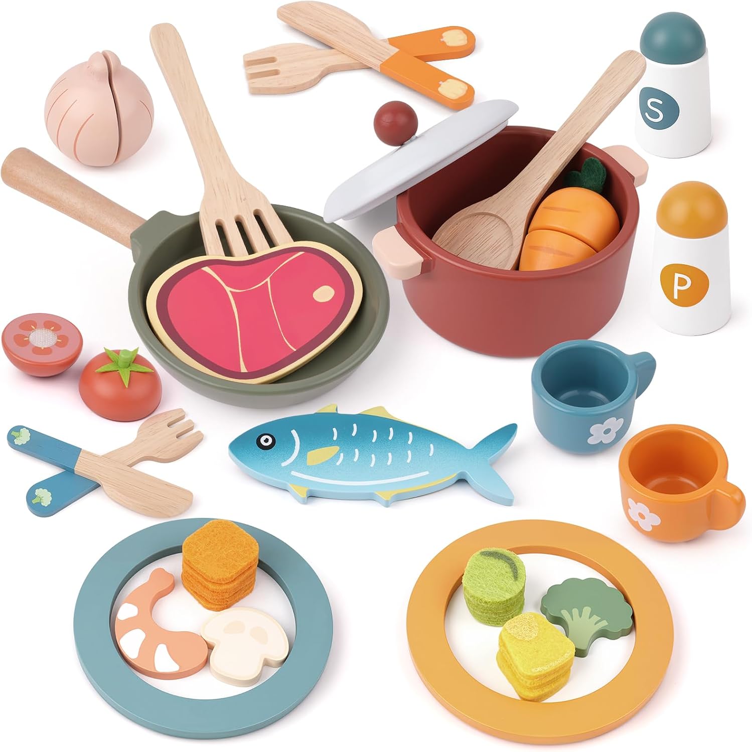 Wooden Play Kitchen Accessories, Pretend Play Food for Toddlers with Dishes | Cutting Fruits Vegetables Toys with Pots & Pans Birthday Gifts for Boys Girls 3 4 5 6