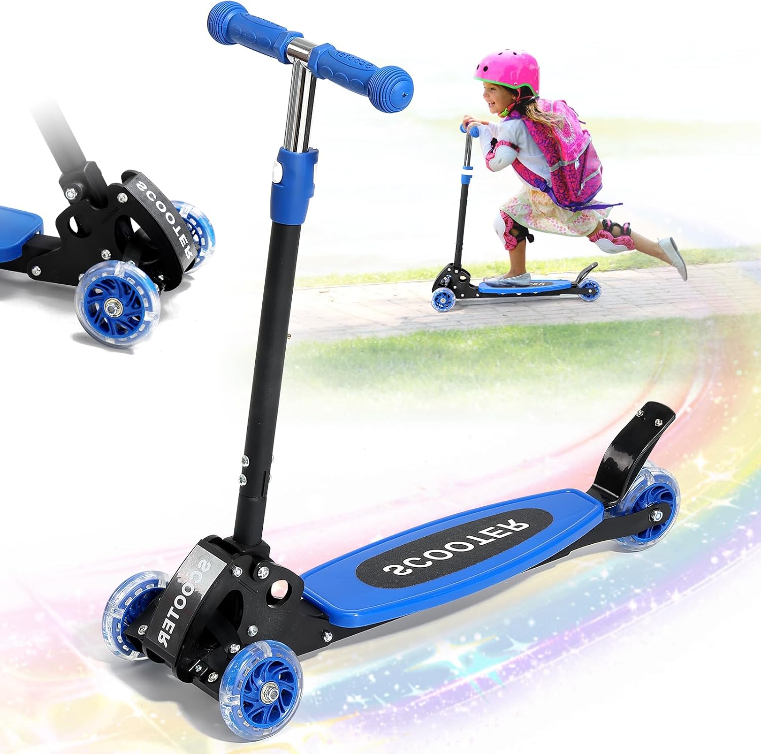 3 Wheel Kids Kick Scooter for Ages 3-12, Lean-to-Steer, Light-Up Wheels, 3-Level Adjustable Handlebar 27.5”-33”, Wide Non-Slip Deck, Dual Rear Brake,Travel Foldable, for Boys & Girls Toy Gifts