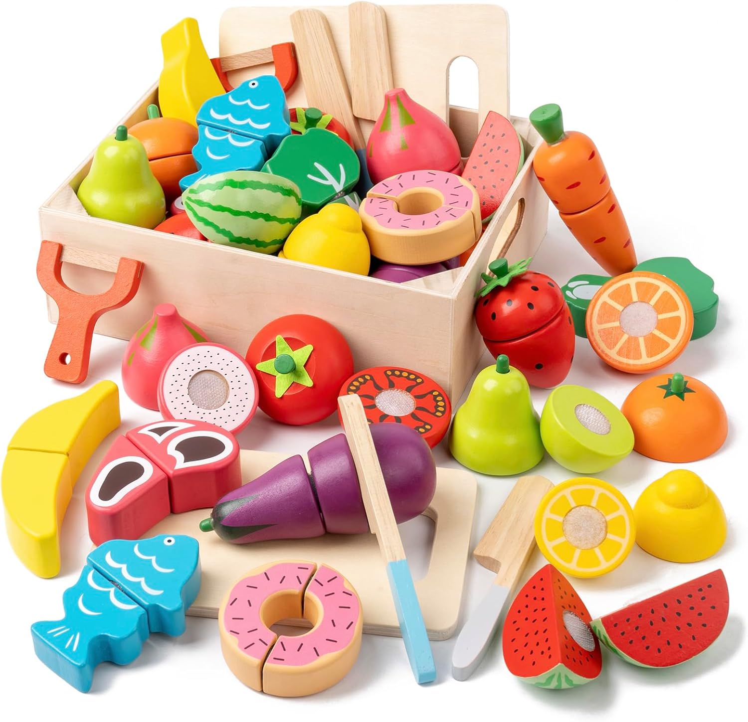 Wooden Play Food for Toddlers – 34Pcs Velcro Fruit and Veggies with Basket & Chopping Board, Play Food Sets for Kids Kitchen Accessories, Cutting Fruit Set for Ages 3+