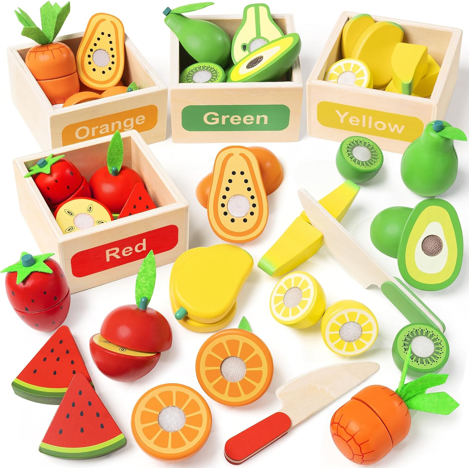 TooyBing Wooden Play Food Toy Set for Kids Kitchen – 30 Pcs Montessori Cutting & Color Sorting Fake Fruit Accessories with 4 Boxes, Play Toys for Toddlers 3, Birthday Gifts for Boys Girls