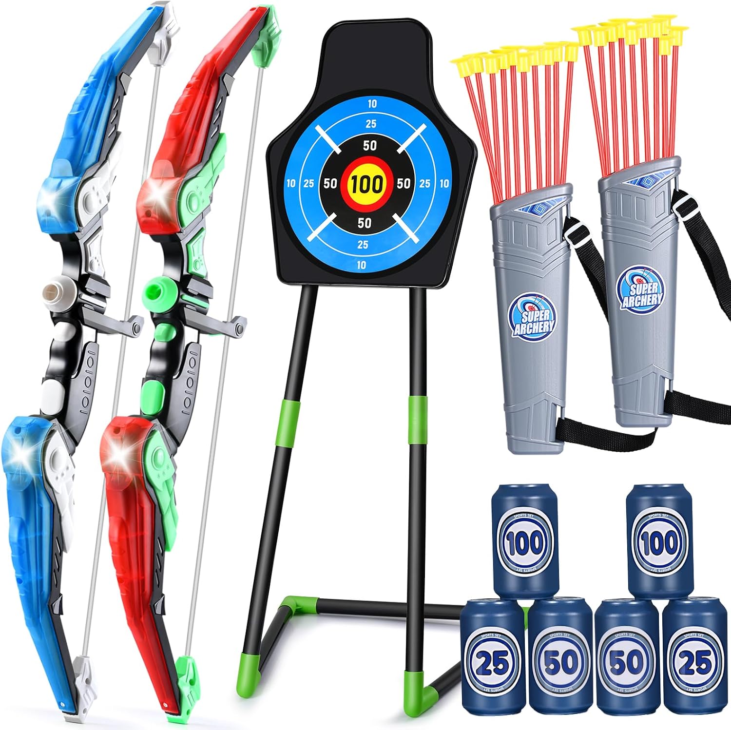 Bow and Arrow for Kids : LED Light Up Archery Set with 24 Suction Cup Arrows, 1 Standing Target, 6 Score Targets & 2 Quiver | Indoor Outdoor Sport Gifts for Boys Girls Ages 4 5 6 7 8 9 10 | 2 Pack