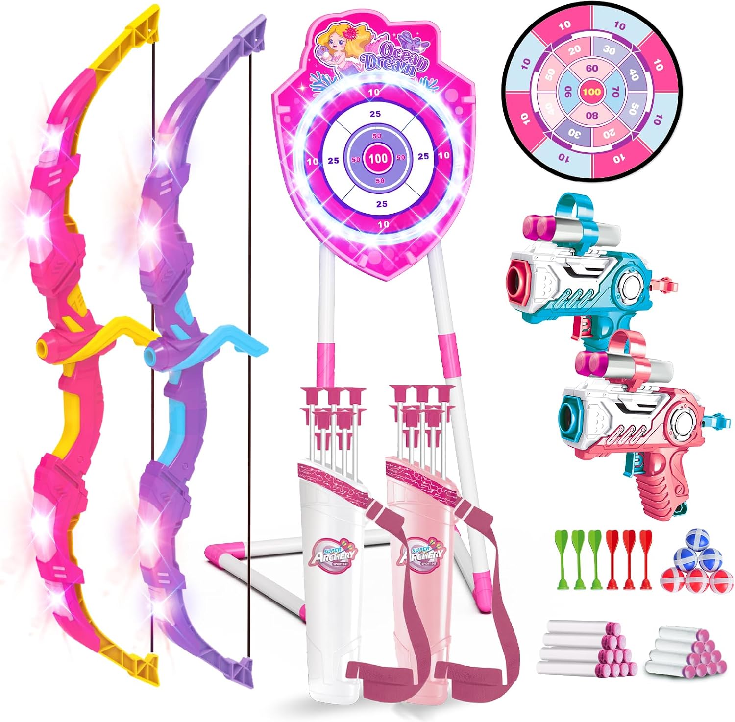 VATOS 2 Pack Bow and Arrow Toy with LED Light – 4 in 1 Archery & Dart Game Set with 20 Suction Cup Arrows, Mermaid Glow Target & Dart Board – Indoor/Outdoor Birthday Gift for Kids Boys Girls Ages 5-12