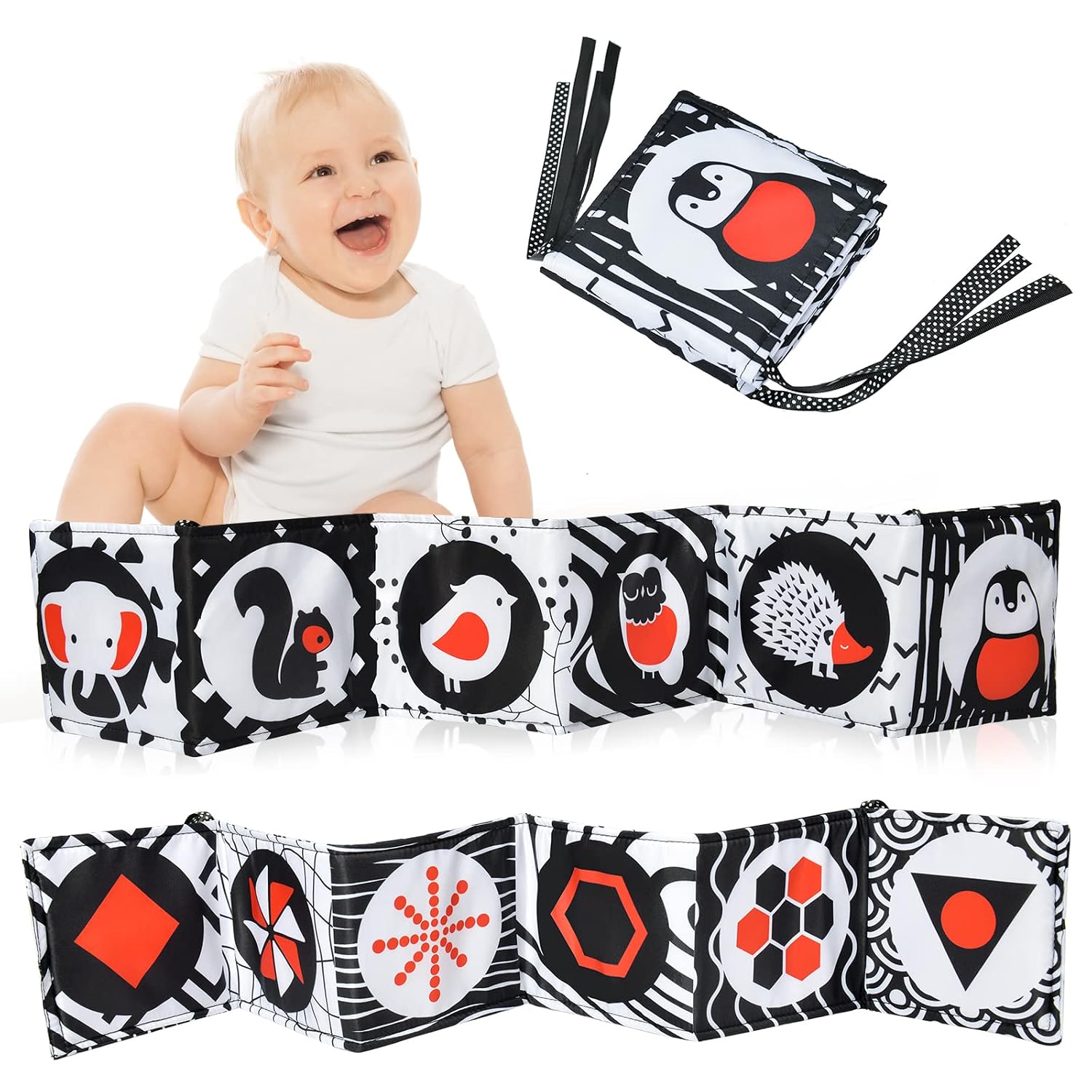 Vicloon Black and White High Contrast Baby Toys, Soft Baby Book for Newborn 0-3-6-12 Months, Infant Tummy Time Toys, Early Education Sensory Toys, Visual Stimulation Folding Cloth Book for Boys Girls