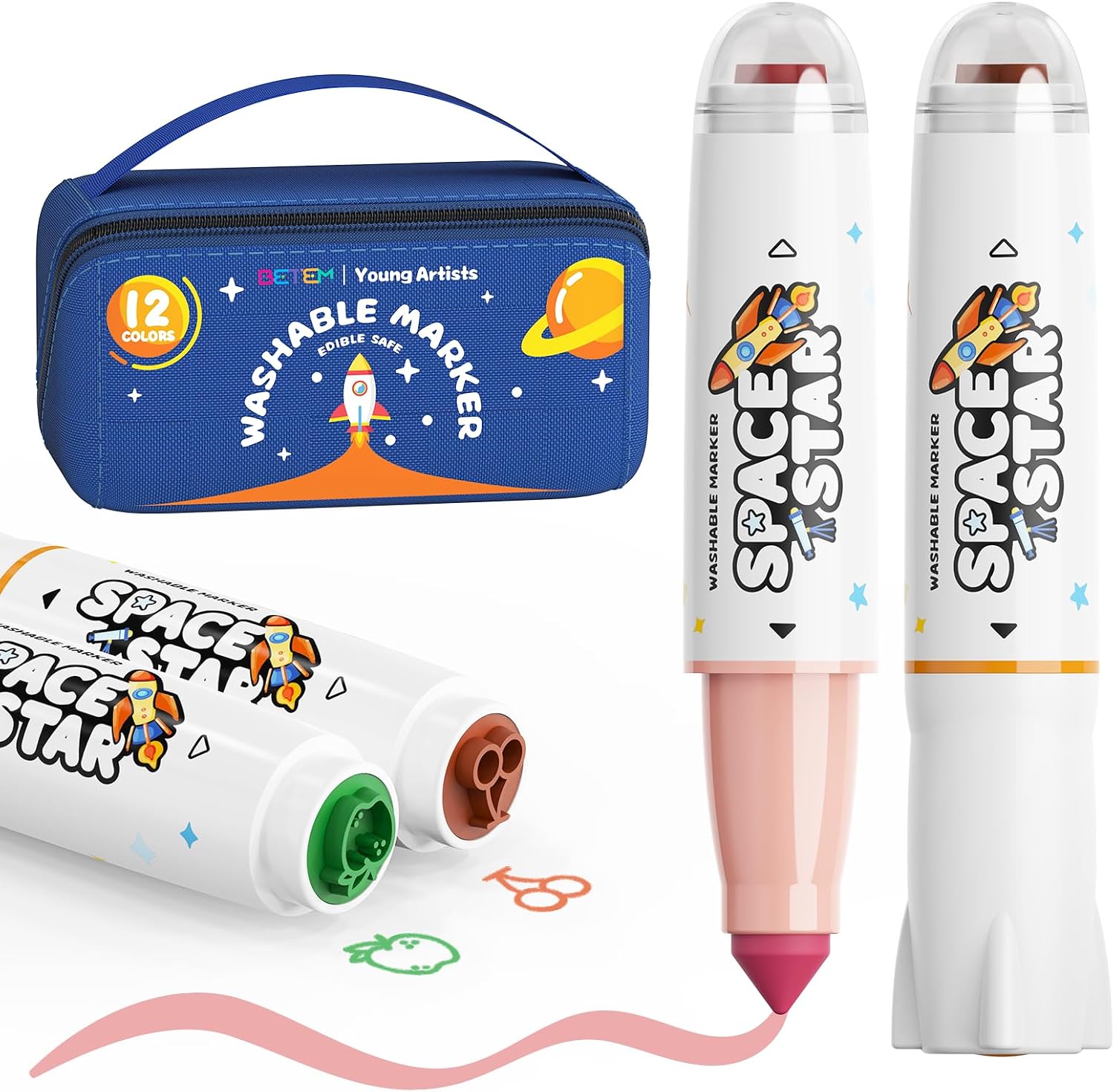Betem Scented Washable Markers for Kids 12 Colors Stamp Markers for Toddlers, Non Toxic Water-based Dual Tip Marker Set for Kids, Coloring Markers for Classroom Art Supplies with Portable Bag