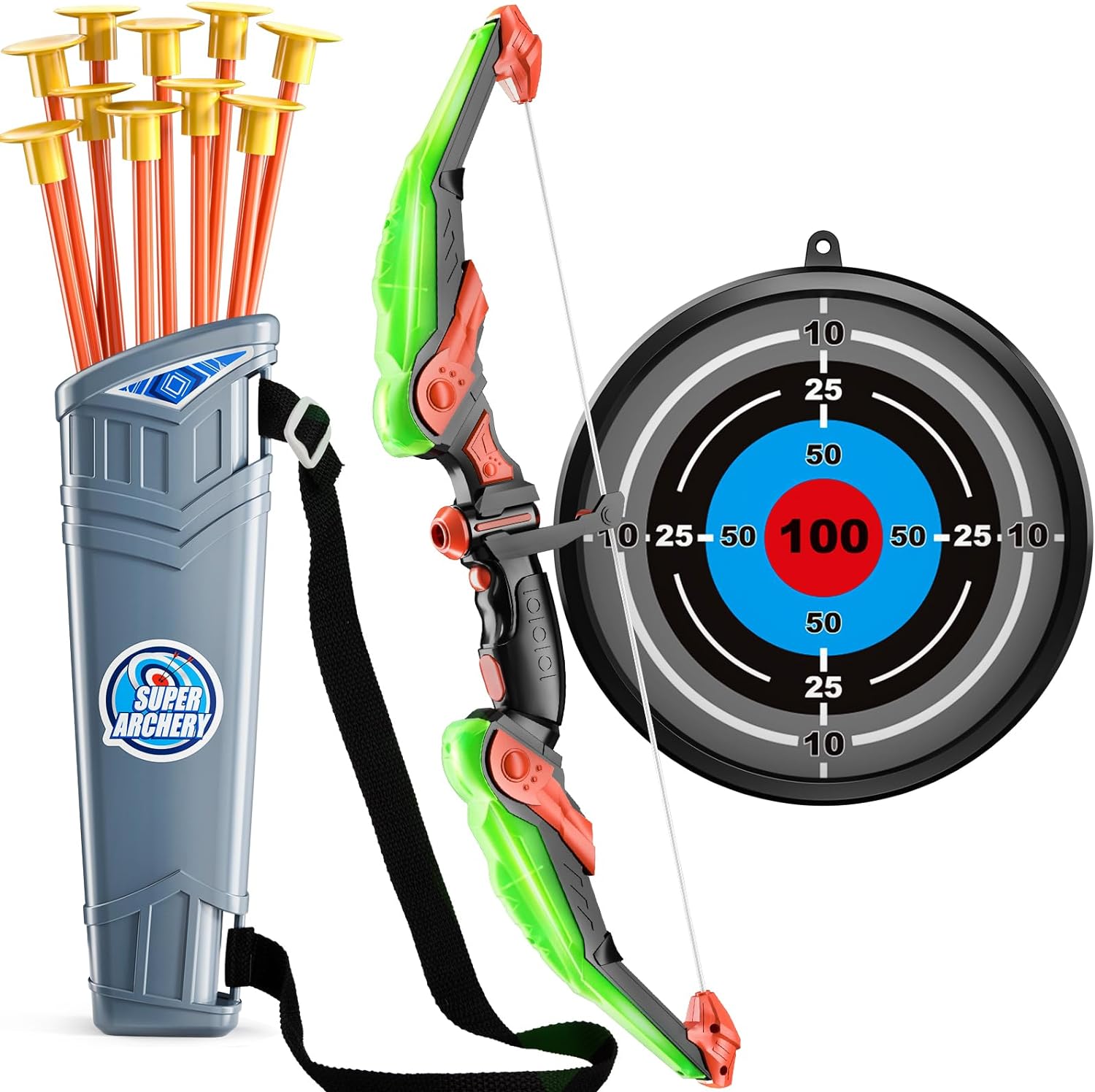 TEMI Bow and Arrow Set for Kids – Archery Toy Set – LED Light Up with Suction Cup Arrows, Target & Quiver, Indoor and Outdoor Toys for Children Boys Girls