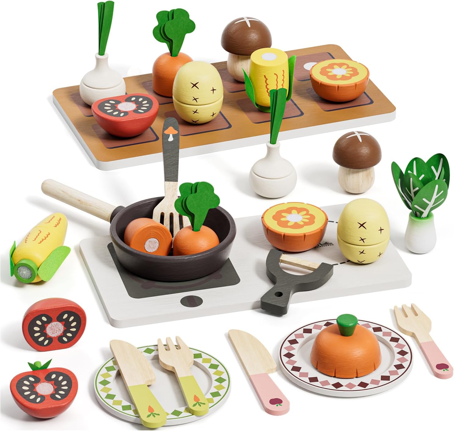 Wooden Play Food Sets for Kids Kitchen, 3-in-1 Farm-to-Kitchen Pretend Play | 25 PCS Accessories, 3 Years Gift